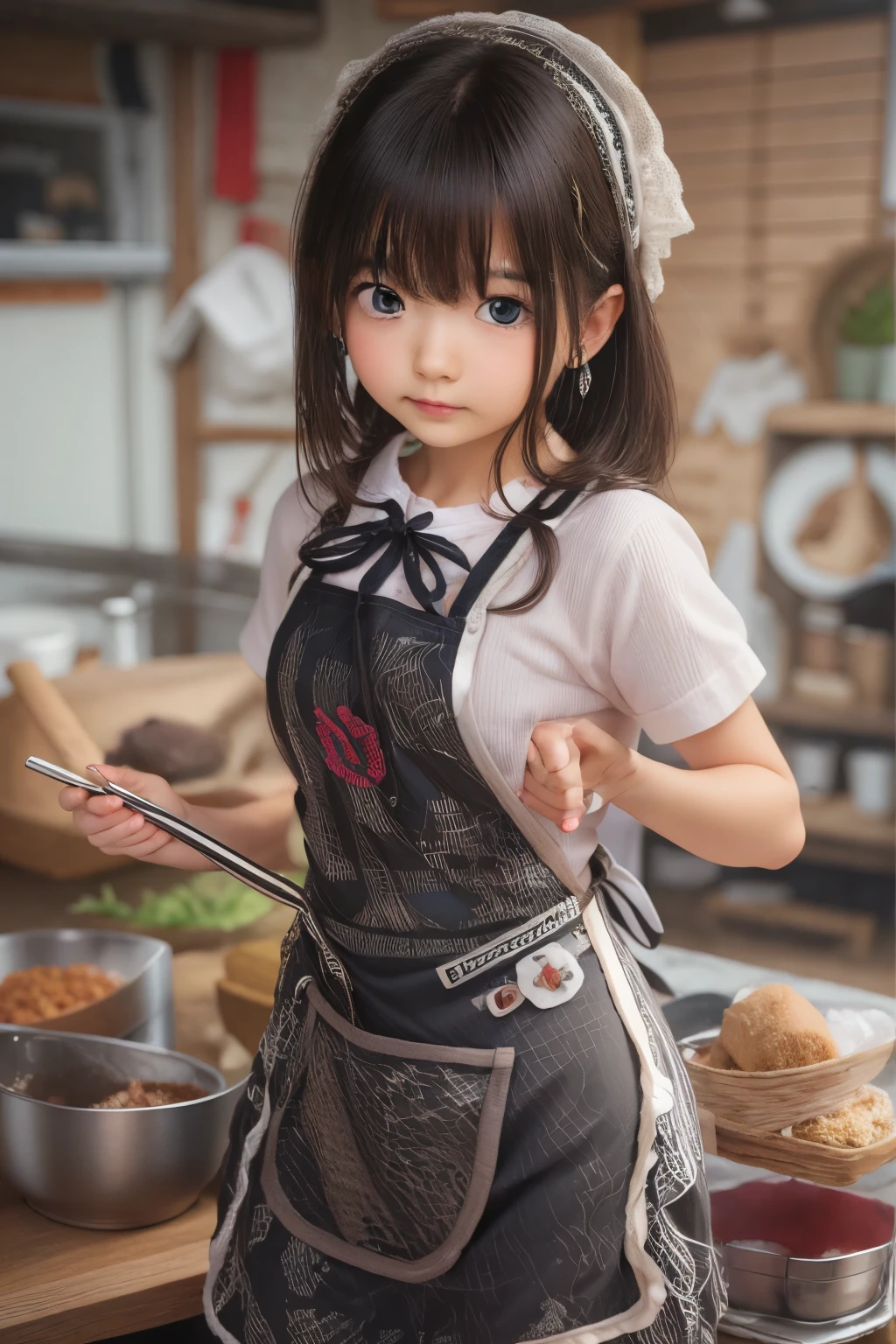 Ultra High Resolution, (Realistic: 1.4), RAW Photo, Best Quality, (Photorealistic), Focus, Soft Light, ((15 years old)), ((Japanese)), (Front, Young Face))), (Depth of Field), (One Piece), Masterpiece, (Photoreal), Woman, Bangs, (( apron, hair over one eyes, 1 Girl))