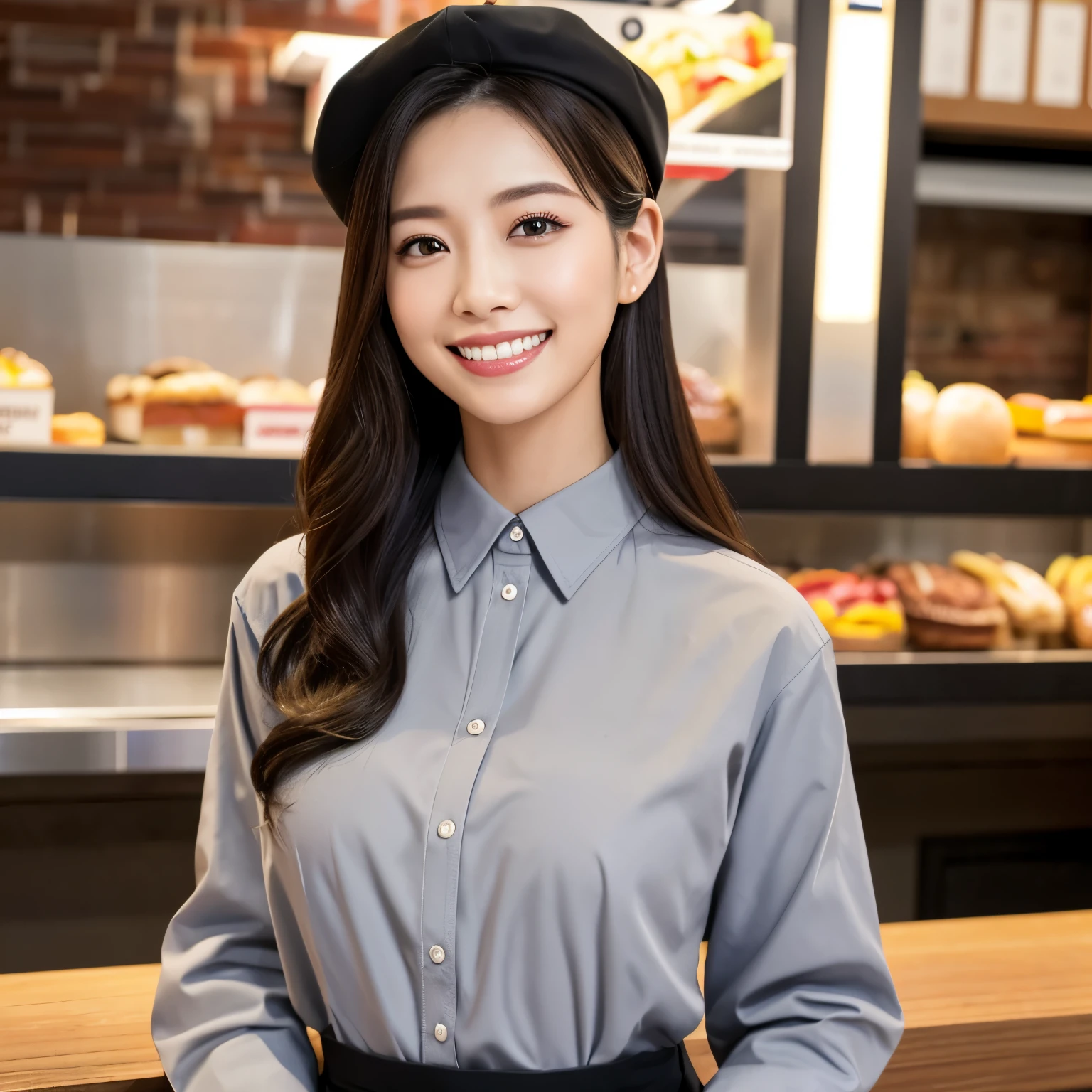 (table top、highest quality、8k、Award-winning work、ultra high resolution)、Beautiful hamburger shop clerk、(gray polyester shirt:1.1)、(classy black pants:1.1)、(the most accurate and perfect apron:1.1)、Black cap、(big breasts:1.1)、An elegant bun、the biggest smile looking at me、smile showing your beautiful teeth、Most emphasize the body line、The most natural and perfect burger shop background、(Everything is perfectly organized and arranged in regular order.:1.1)、(Perfect authentic burger to whet your appetite:1.1)、(Perfect real fries to whet your appetite:1.1)、(Detailed burger with the most realistic texture:1.1)、(Lots of burgers arranged in an orderly manner:1.1)、Perfectly organized and most natural burger shop、blurred background、accurate anatomy、ultra high definition hair、Perfect and beautiful teeth in ultra high resolution、Ultra high definition beauty face、ultra high definition hair、Super high-definition sparkling eyes、Shining, ultra high-resolution beautiful skin、ultra high resolutionの艶やかな唇、elegant makeup