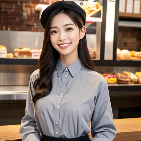 (table top、highest quality、8k、Award-winning work、ultra high resolution)、Beautiful hamburger shop clerk、(gray polyester shirt:1.1...