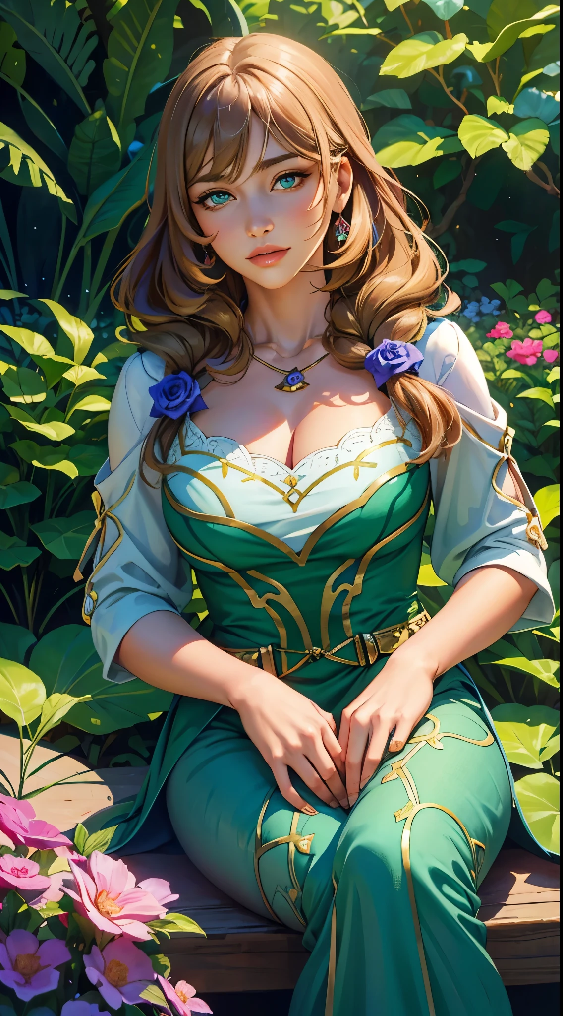 beautiful detailed eyes,detailed lips,girl in a garden,soft lighting, oil painting style,vibrant colors,peaceful expression, flowy dress, greenery surrounding, serene atmosphere, calm and relaxed facial expression