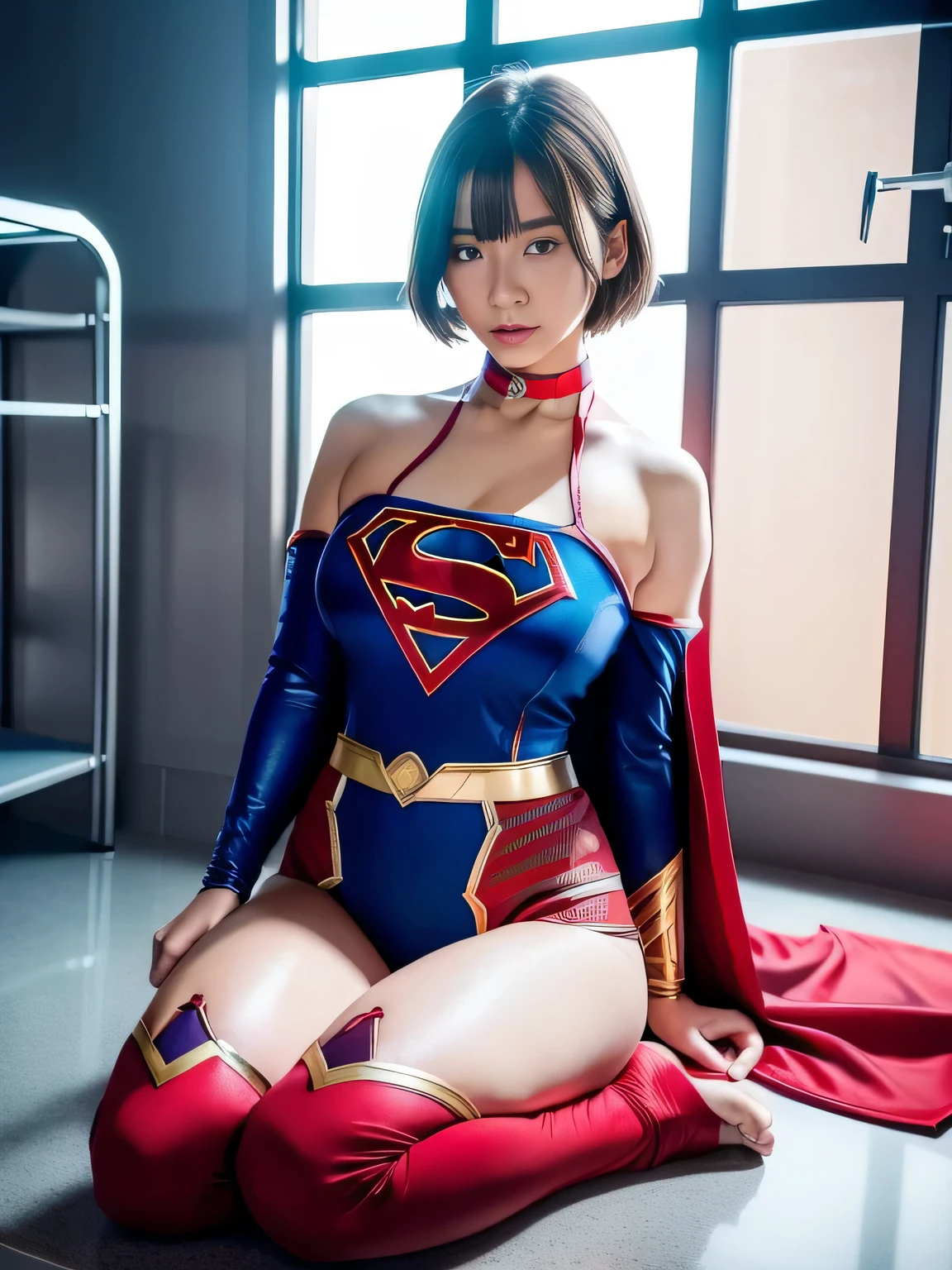 masterpiece、supergirl costume、short hair、barefoot、big and full breasts、human experiment subjects、Research room、operating table、Crisis situation、pushed down、choker、shiny、looking at camera、Seduce、choker、long sleeve、red sexy pose、model body shape、realistic、