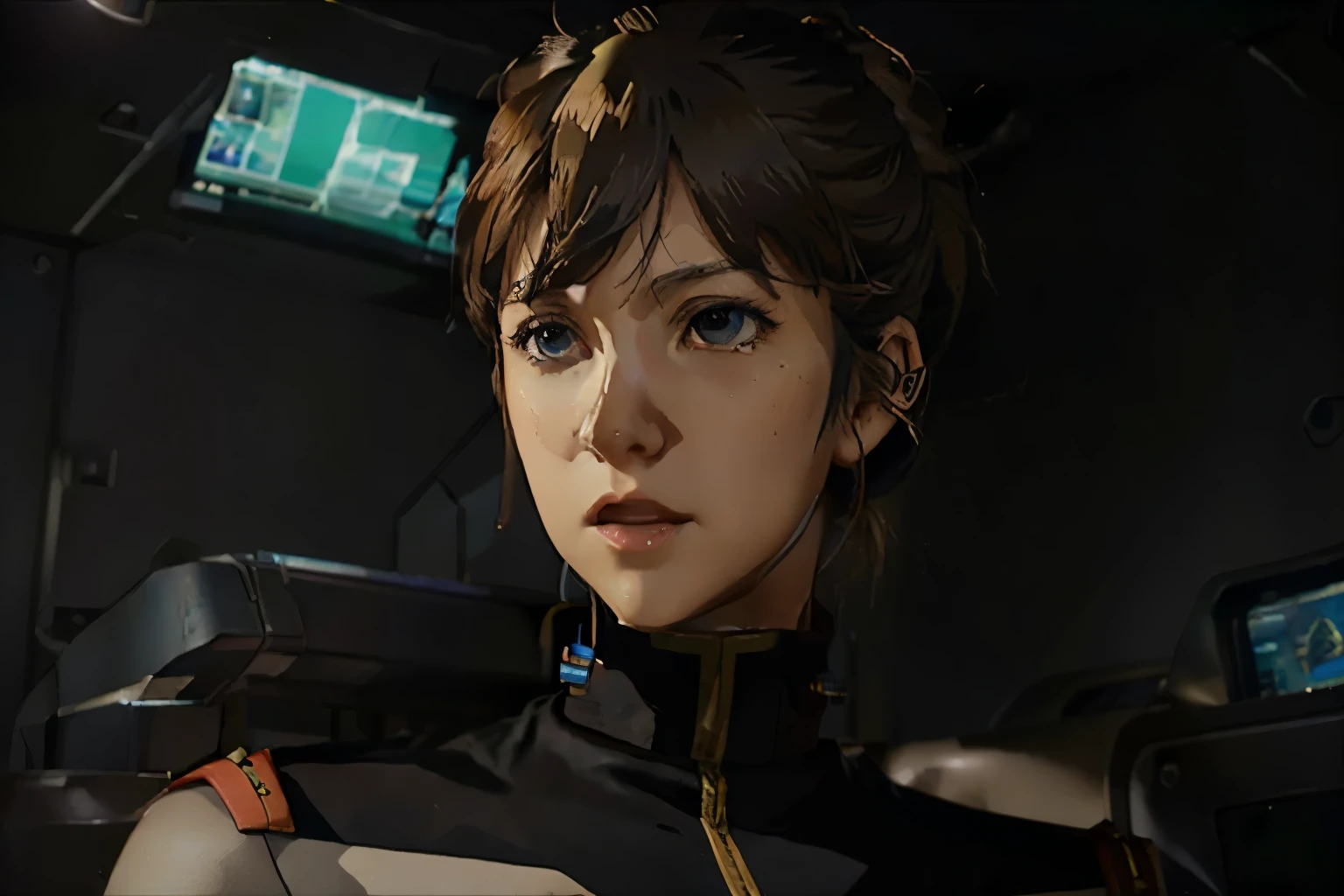 ((a female naval officer looking worried as she looked off into the distance)), masterpiece, best, (photo realistic), hyper realistic female admiral, futuristic female admiral