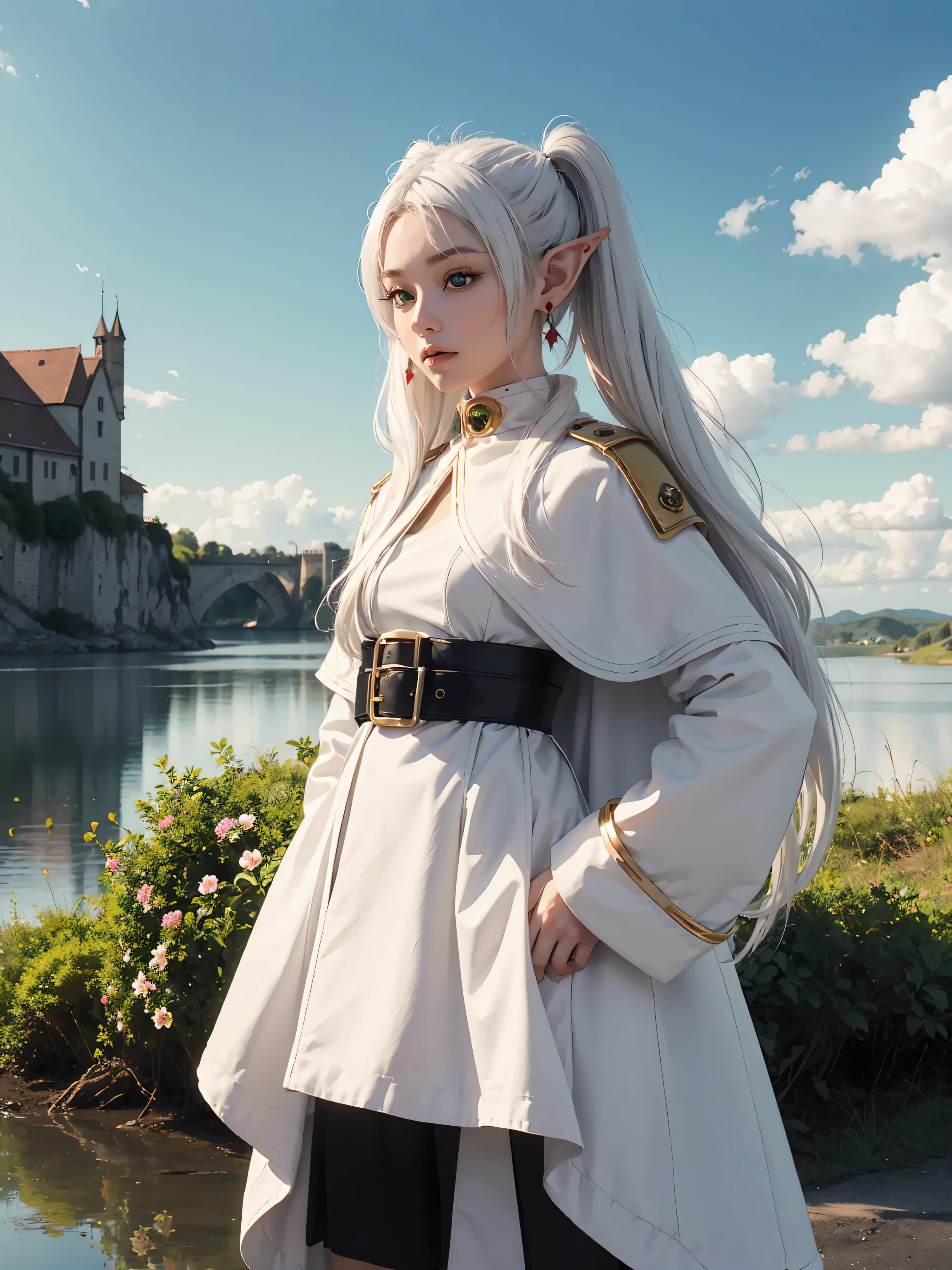 (maximum quality image, masterpiece), detailed landscape,(((white hair))), detailed beautiful green eyes,  tranquil lake (reflecting the vibrant sky at dusk),nuances of colors,quiet, frieren, 1girl, long hair, pointy ears, twintails, jewelry, elf, earrings, capelet, white capelet, long sleeves, parted bangs, dress, belt, flower, small breasts, wide hips, from below, hands behind hips