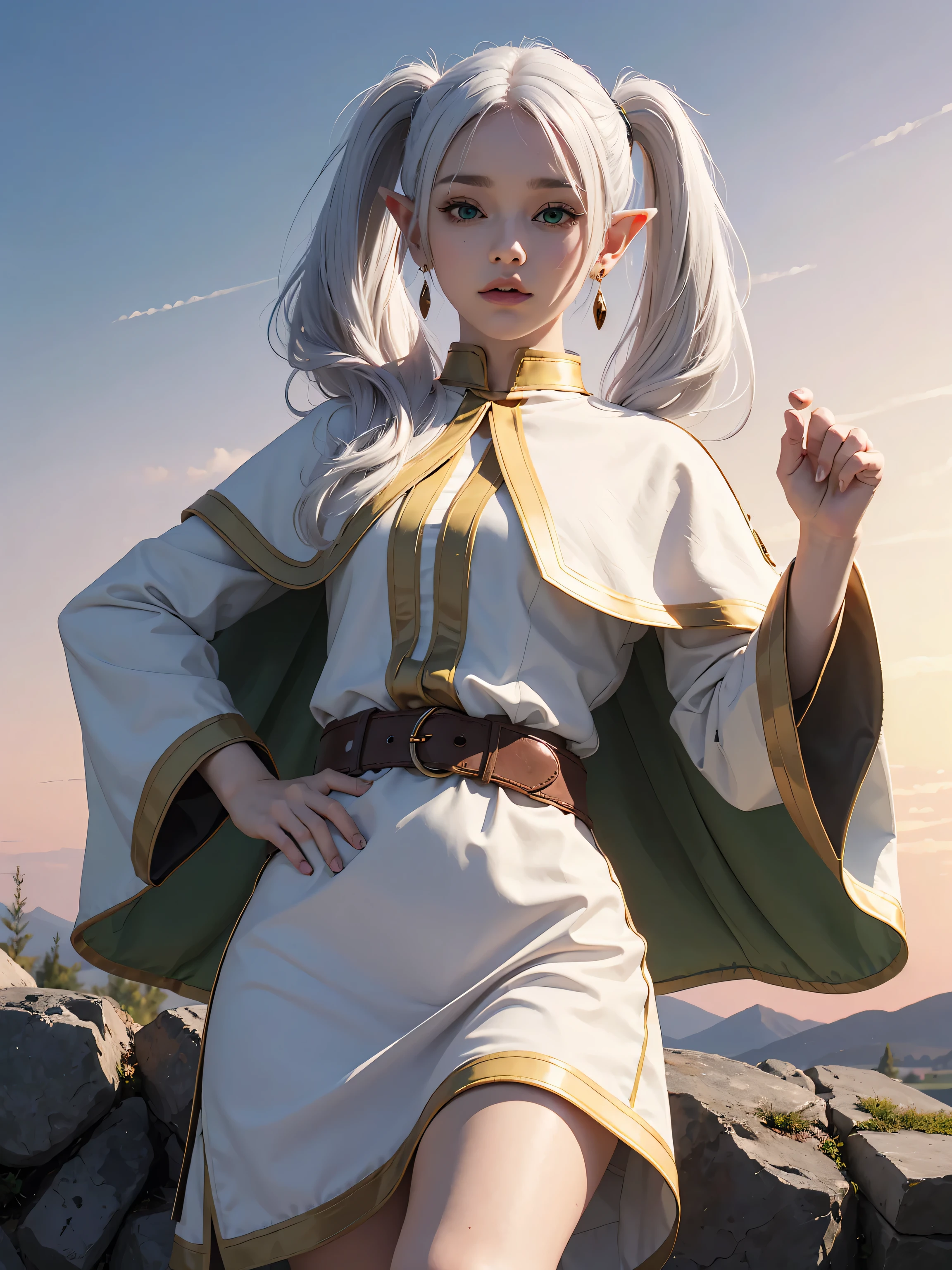 (maximum quality image, masterpiece), detailed landscape,(((white hair))), detailed beautiful green eyes,  tranquil lake (reflecting the vibrant sky at dusk),nuances of colors,quiet, frieren, 1girl, long hair, pointy ears, twintails, jewelry, elf, earrings, capelet, white capelet, long sleeves, parted bangs, dress, belt, flower, small breasts, wide hips, from below, hands behind hips