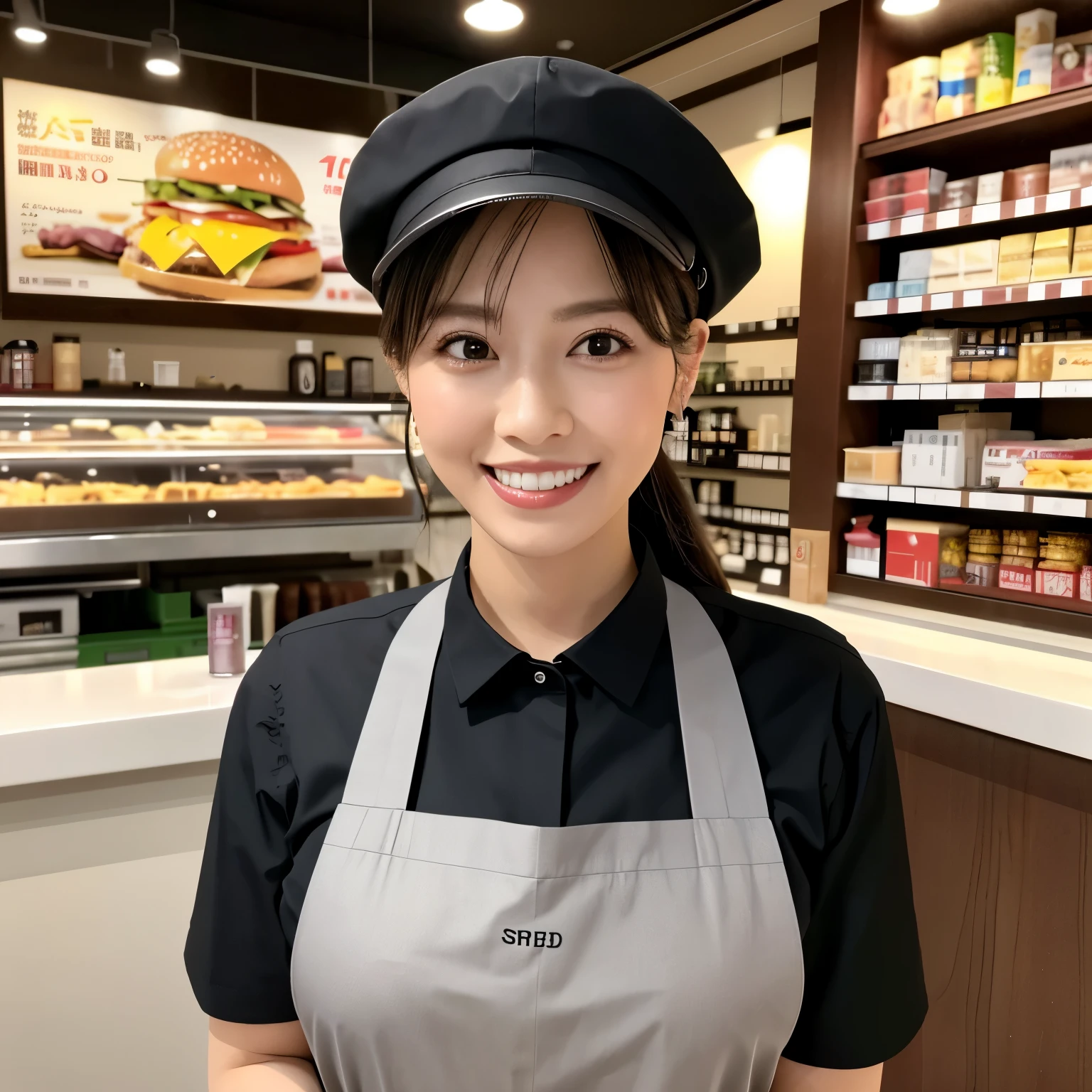 (table top、highest quality、8k、Award-winning work、ultra high resolution)、Beautiful hamburger shop clerk、(gray polyester shirt:1.1)、(classy black pants:1.1)、(the most accurate and perfect apron:1.1)、Black cap、(big breasts:1.1)、An elegant bun、the biggest smile looking at me、smile showing your beautiful teeth、Most emphasize the body line、The most natural and perfect burger shop background、(Everything is perfectly organized and arranged in regular order.:1.1)、(Perfect authentic burger to whet your appetite:1.1)、(Perfect real fries to whet your appetite:1.1)、(Detailed burger with the most realistic texture:1.1)、(A large number of hamburgers arranged in an orderly manner:1.1)、Perfectly organized and most natural burger shop、blurred background、accurate anatomy、ultra high definition hair、Perfect and beautiful teeth in ultra high resolution、Ultra high definition beauty face、ultra high definition hair、Super high-definition sparkling eyes、Shining, ultra high-resolution beautiful skin、ultra high resolutionの艶やかな唇、elegant makeup