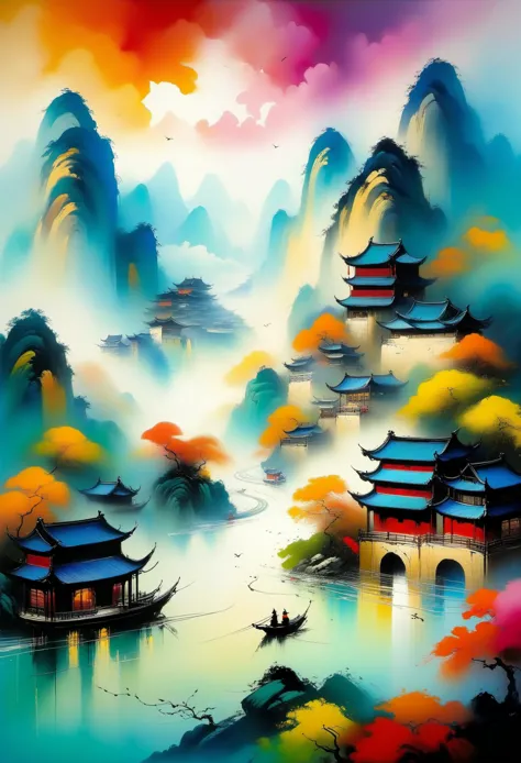 Wu Guanzhong's style, vibrant colors, bold brushwork, unique perspectives, picturesque landscapes, traditional Chinese painting ...