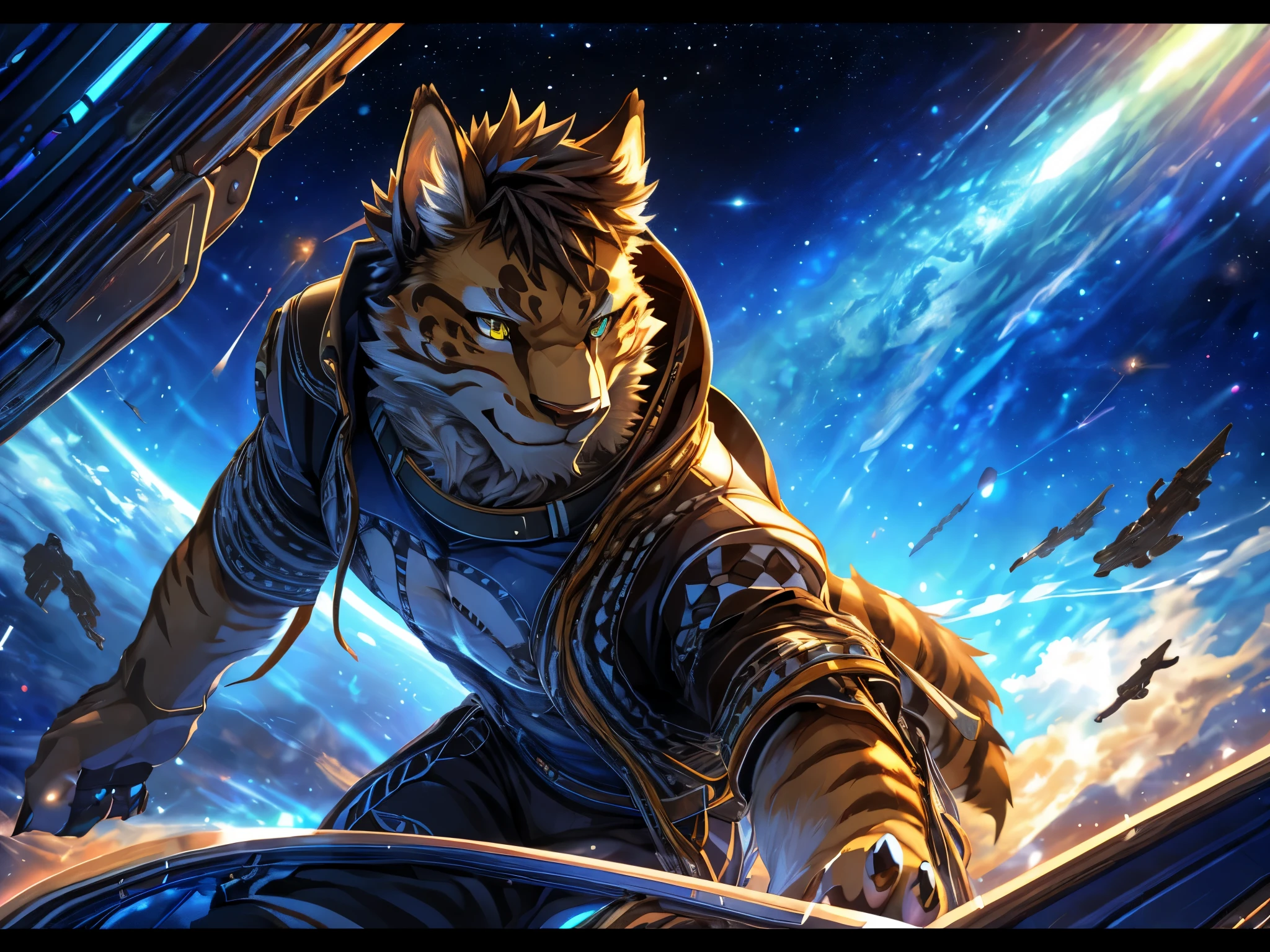 posted on e621, (by Chunie), male, Likulau (Nekojishi) anthro, solo, (Realistic eye details 1.2), anime character, arafed image of a man in a space station with a mask, pov furry art, anthro paw pov art, furry paw pov art, commission for high res, furry art!!!, very very beautiful furry art, furry art, on a space station, in a space station, fursona furry art commission, detailed fanart, fursona art, furry fantasy art, slim body, full body like, in a panoramic view, masterpiece, Abstract beauty, ultra detailed face, depth of field, motion blur, high details, high quality, award winning, HD, 16k, (best quality,4k,8k,highres,masterpiece:1.2),ultra-detailed,realistic:1.37,HDR,UHD,studio lighting,extreme detail description,professional,vivid colors,bokeh,lively atmosphere, natural lighting