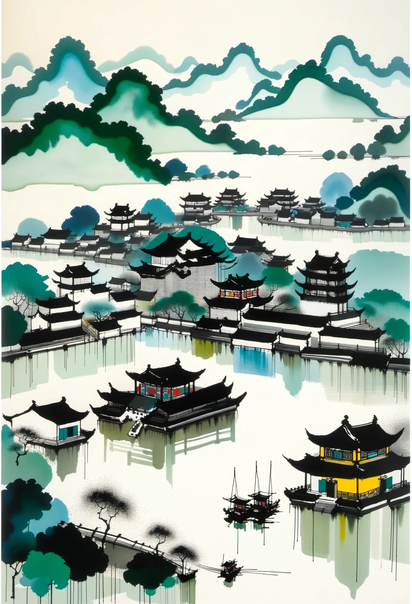 Encre abstraite géométrique，Décrire le complexe architectural paysager de Jiangnan，Le style de Wu Guanzhong est une expression artistique qui fusionne les techniques traditionnelles de l&#39;encre de Chine avec les concepts de la peinture occidentale.. Il se caractérise par des interprétations modernes de thèmes traditionnels, créer des effets visuels uniques grâce à la couleur et aux lignes.