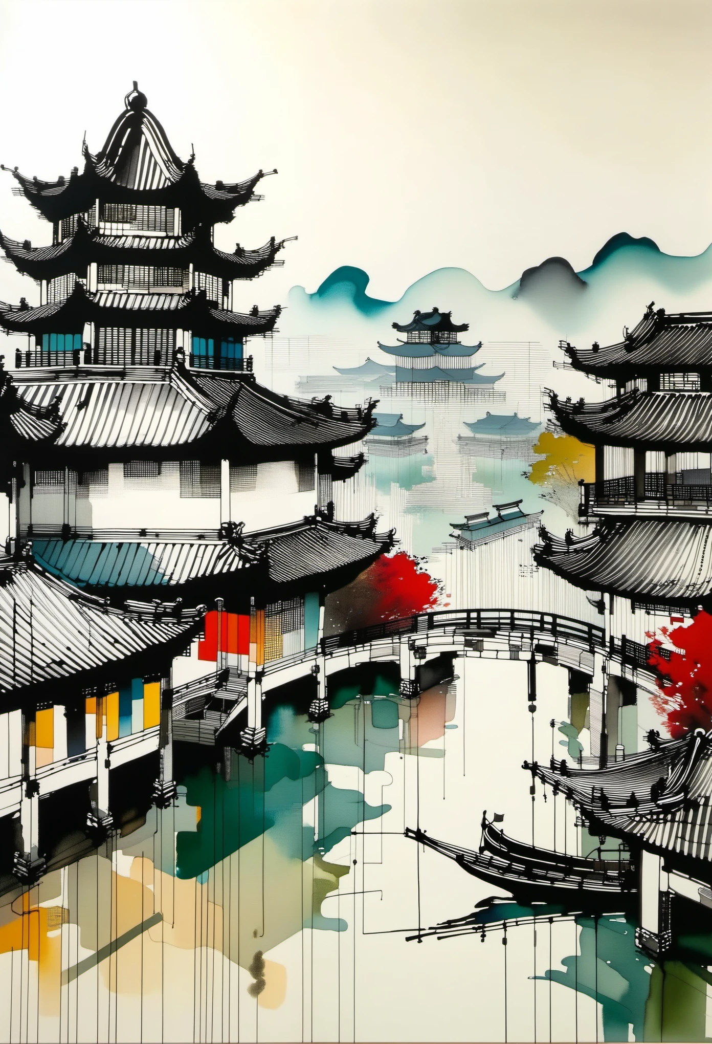 Tinta abstrata geométrica，Descreva o complexo arquitetônico paisagístico de Jiangnan，O estilo de Wu Guanzhong é uma expressão artística que funde técnicas tradicionais de tinta chinesa com conceitos de pintura ocidental. É caracterizada por interpretações modernas de temas tradicionais, criando efeitos visuais únicos através de cores e linhas.