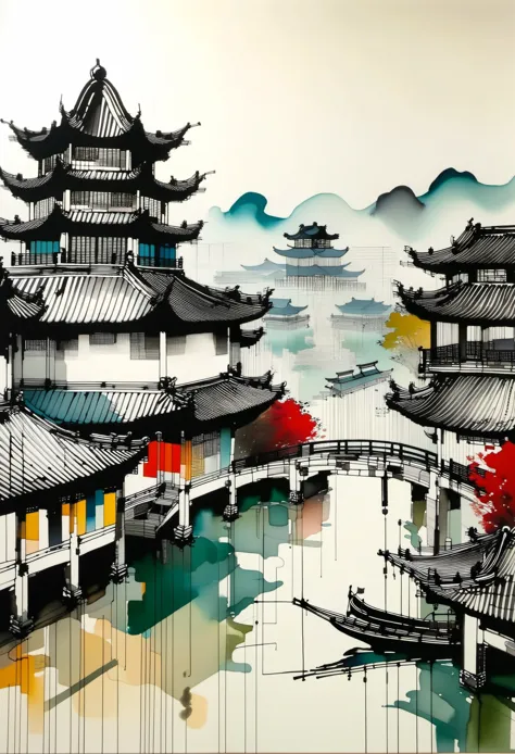 Geometric abstract ink，Describe the Jiangnan landscape architectural complex，Wu Guanzhong's style is an artistic expression that...