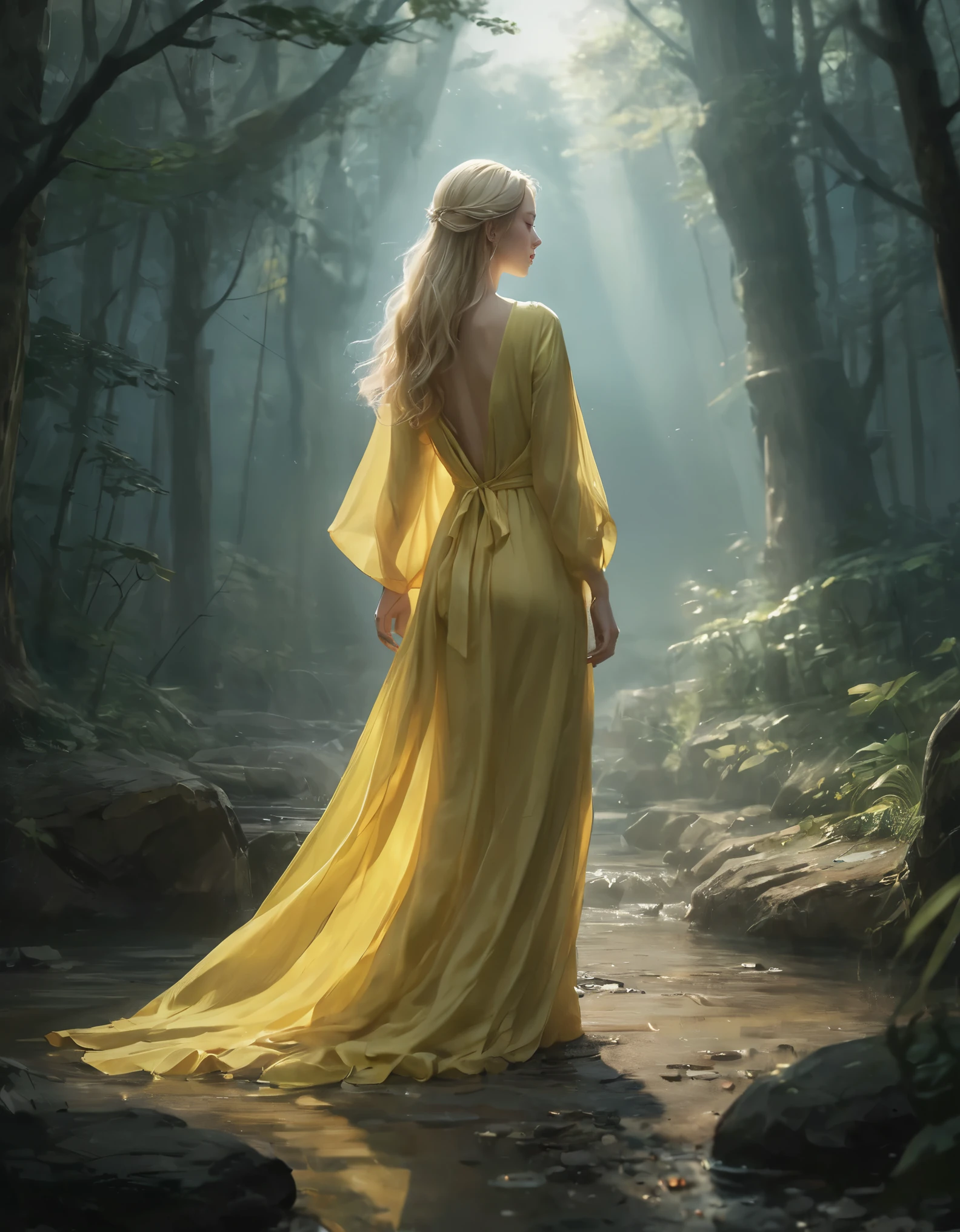 artistic style: realistic style, soft, Mixed colors and delicate lines.
subject: Beautiful woman in flowing yellow dress, 
detailed 이미지: woman for a long time, Blonde hair falling down my back like a waterfall. Her skin is pale and porcelain, Just a little blush on her cheeks. she stands gracefully, 
Environment Description: This scene takes place in an enchanted forest., Towering trees and lush foliage surround the area.. 안개가 자욱하고 atmosphere가 짙음, Give a soft glow to everything.
atmosphere/atmosphere: atmosphere가 고요하고 평화로워요, The serenity and wonder that permeates the scene..
style execution: soft 컬러와 섬세한 라인을 활용해 몽환적인 느낌을 연출해보세요.realistic style. (detailed, highly saturated)