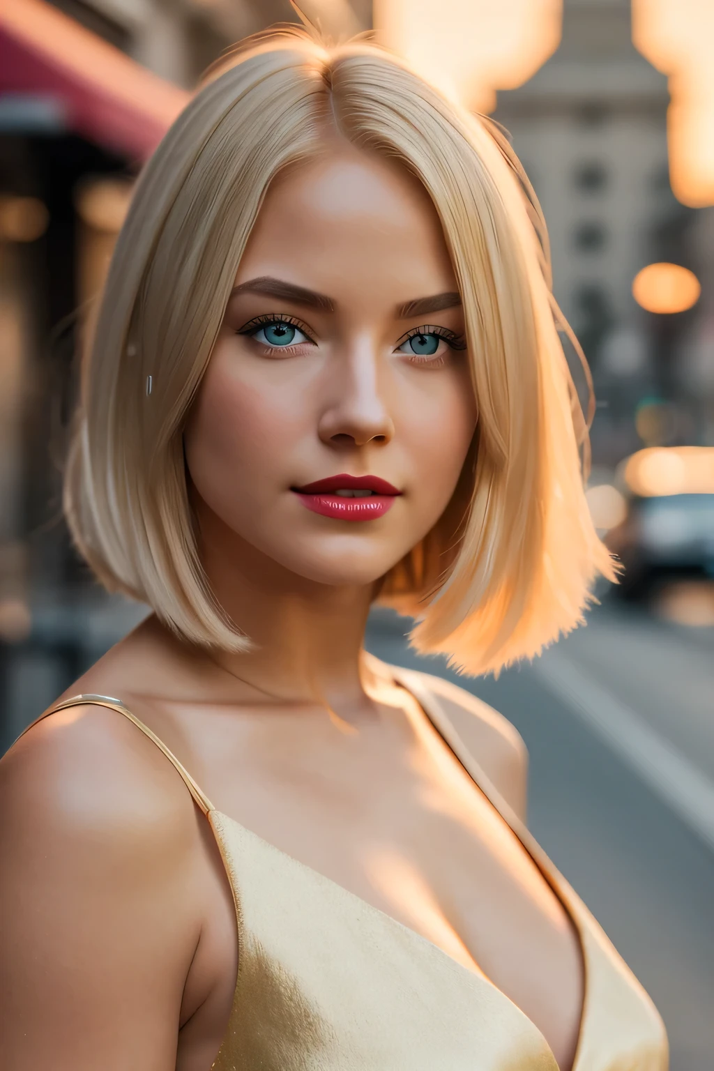a high definition studio photography, high fidelity closeup portrait of a young ❣️ pale female ((averts her gaze)) blonde, clear eyes,  bob haircut, voluptuous brigtht red lips, with a mischievous smirk and a look away, finest skin details emphasized by harsh lit, realest soft shadowing, focused, loose dress, femininity in motion, city street background, photography quality, high detail, high quality. Golden hour, Lexica Aperture v3.5
