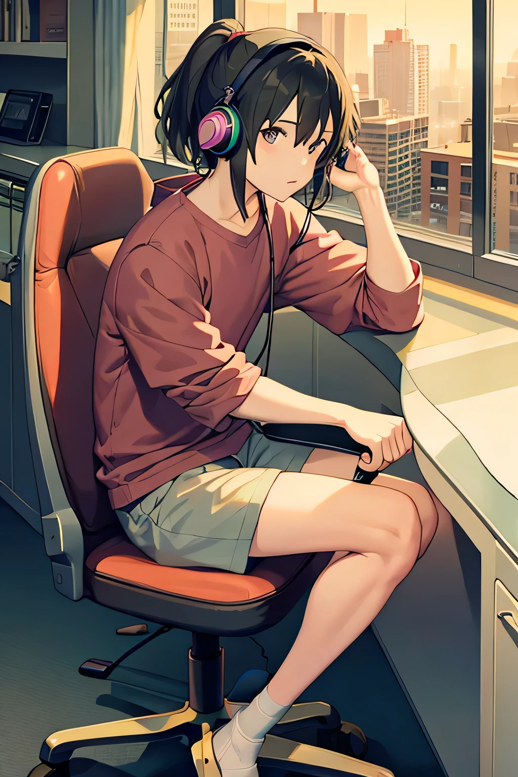 Junger Mann sitzt auf einem Stuhl, trägt Kopfhörer und hält einen Joystick