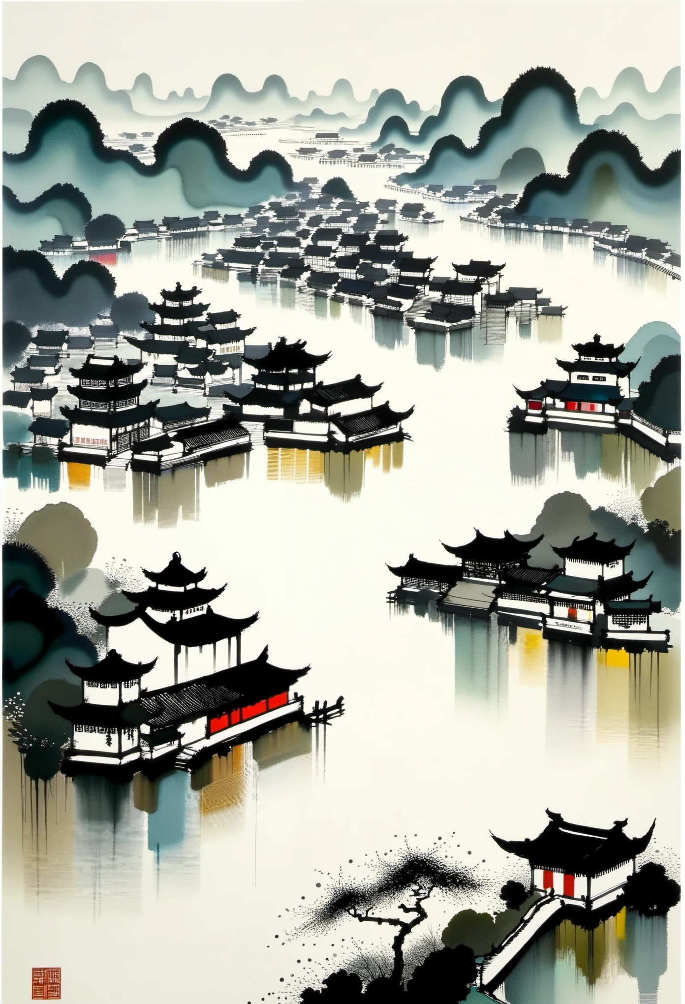 几何抽象水墨，描述江南园林建筑群，吴冠中的风格是将中国传统水墨技法与西方绘画理念相融合的艺术表达. 它的特点是对传统主题的现代诠释, 通过色彩和线条创造独特的视觉效果.