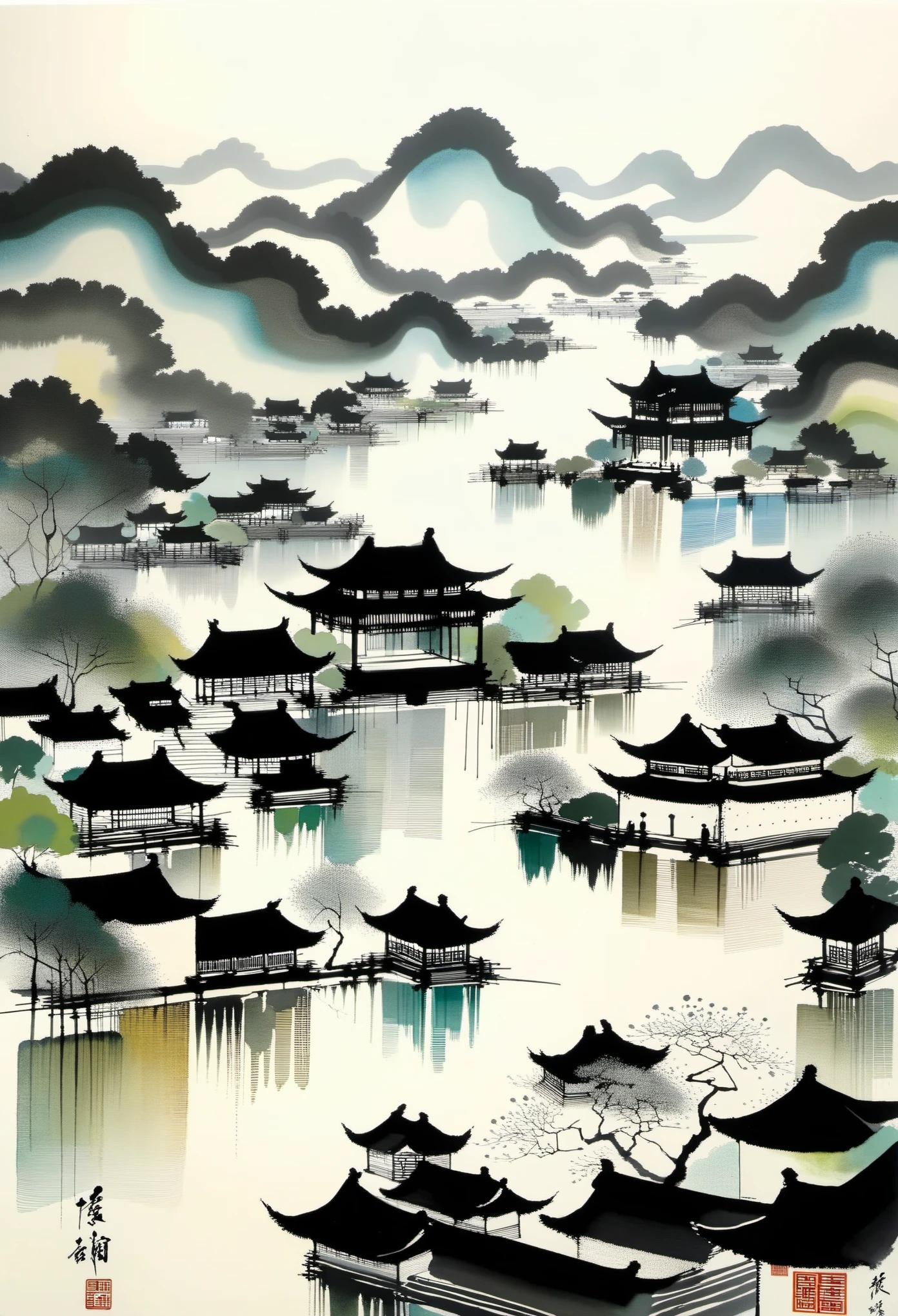 几何抽象水墨，描述江南园林建筑群，吴冠中的风格是将中国传统水墨技法与西方绘画理念相融合的艺术表达. 它的特点是对传统主题的现代诠释, 通过色彩和线条创造独特的视觉效果.