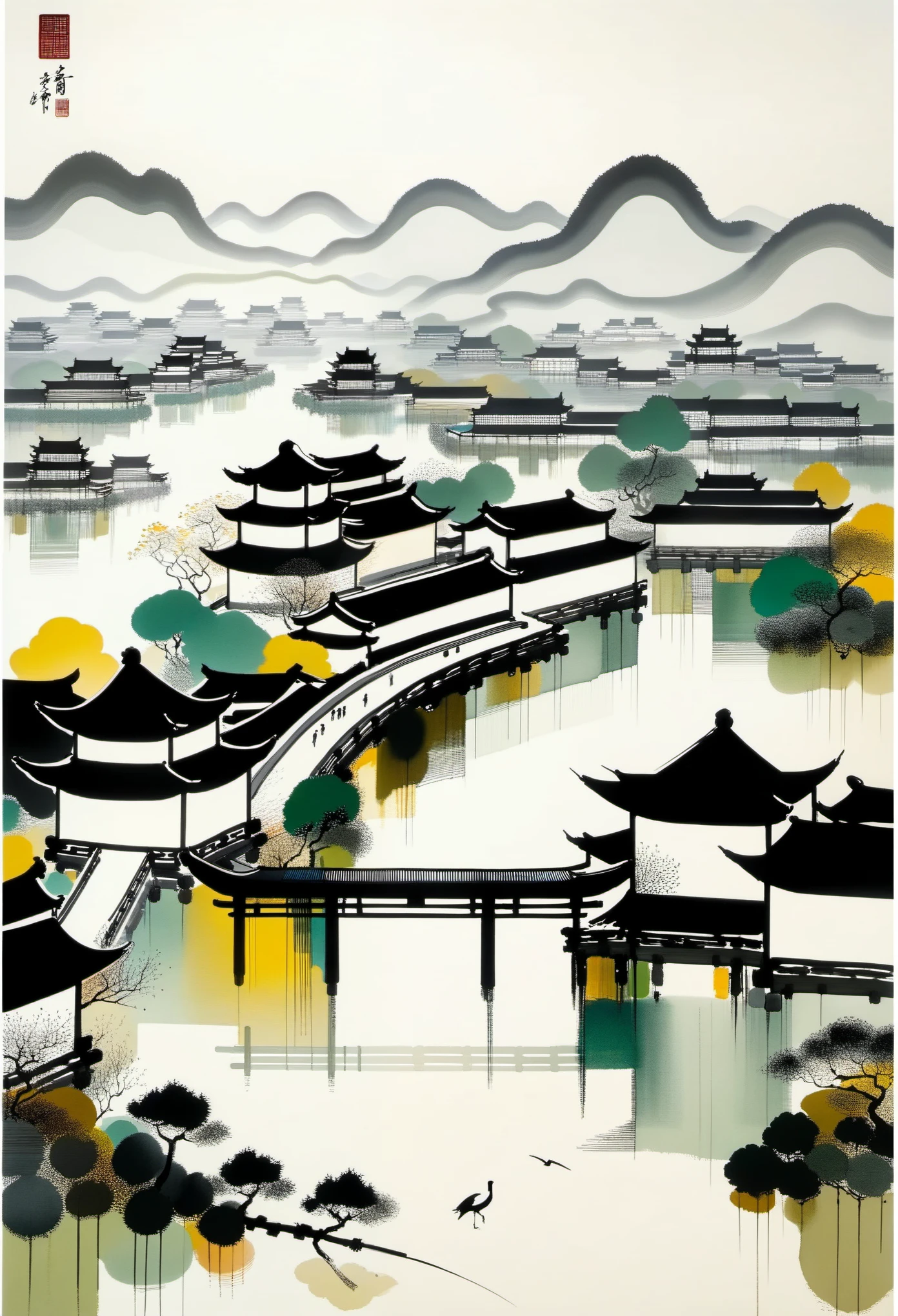 Geometric abstract ink，Describe the Jiangnan landscape architectural complex，Wu Guanzhong's style is an artistic expression that merges traditional Chinese ink techniques with Western painting concepts. It is characterized by modern interpretations of traditional themes, creating unique visual effects through color and line.