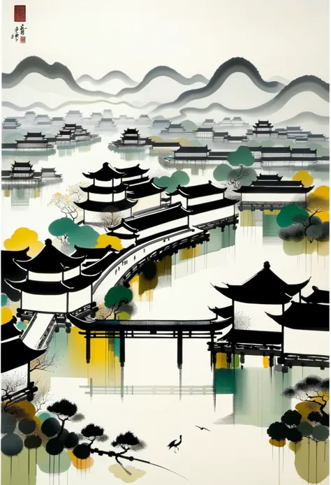 Geometric abstract ink，Describe the Jiangnan landscape architectural complex，Wu Guanzhong's style is an artistic expression that...