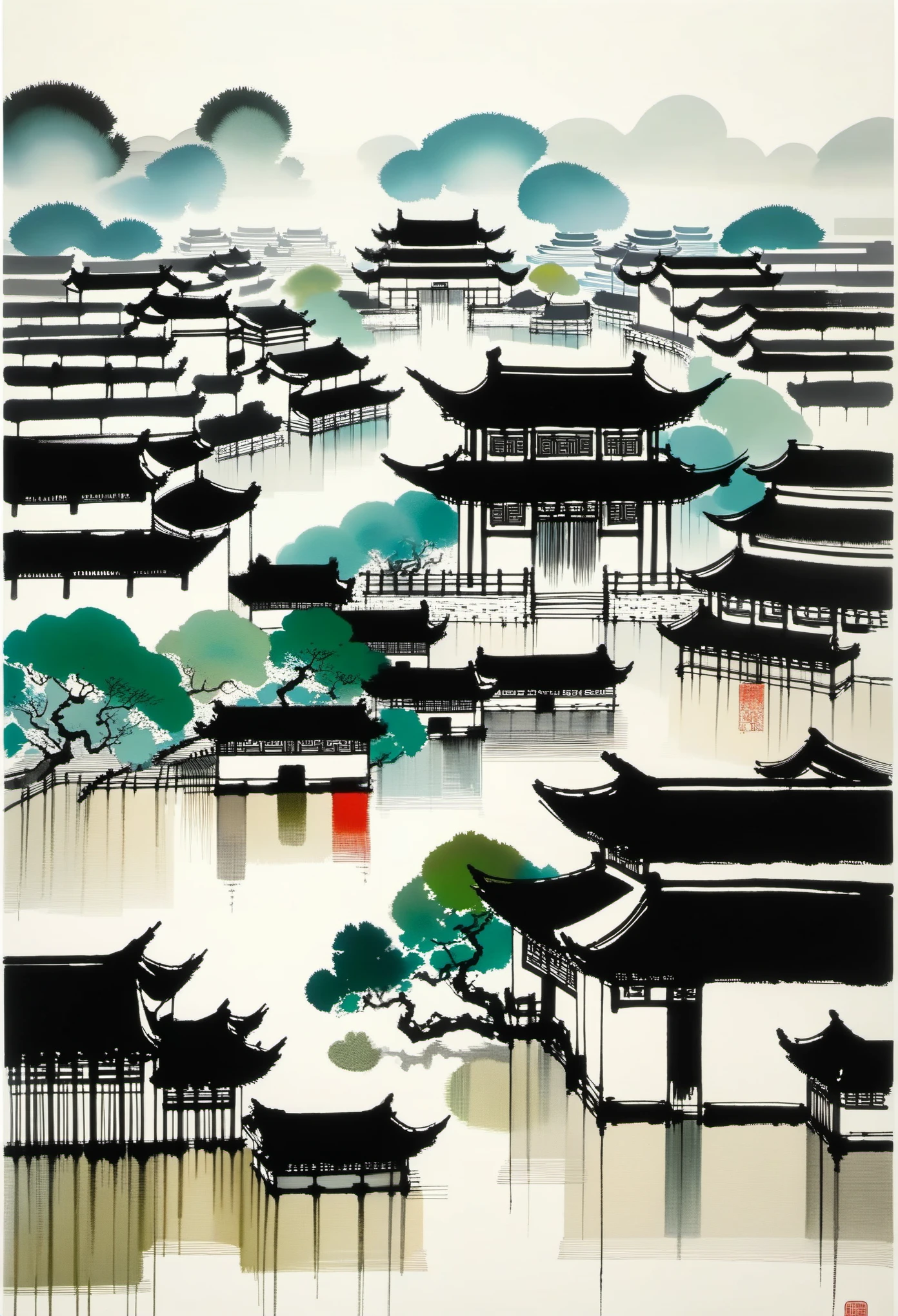 Geometric abstract ink，Describe the Jiangnan landscape architectural complex，Wu Guanzhong's style is an artistic expression that merges traditional Chinese ink techniques with Western painting concepts. It is characterized by modern interpretations of traditional themes, creating unique visual effects through color and line.