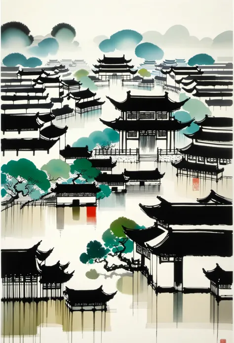 Geometric abstract ink，Describe the Jiangnan landscape architectural complex，Wu Guanzhong's style is an artistic expression that...