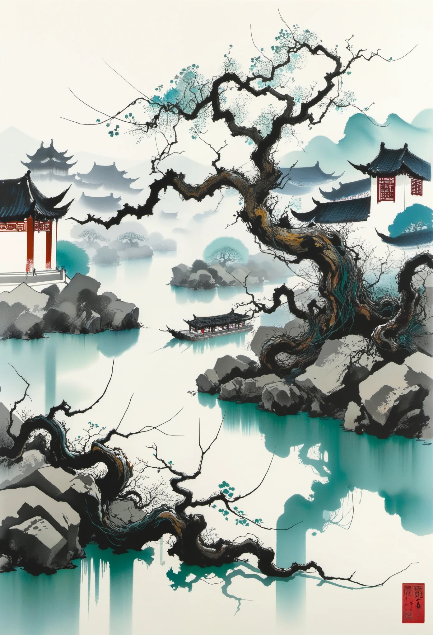 죽은 덩굴，오래 된 나무，샤오차오，흐르는 물，기하학적 추상 잉크，Jiangnan 조경 건축 단지를 설명하십시오，Wu Guanzhong의 스타일은 중국의 전통 수묵 기법과 서양 회화 개념을 결합한 예술적 표현입니다.. 전통적인 주제를 현대적으로 해석한 것이 특징입니다., 색상과 선을 통해 독특한 시각적 효과를 만들어냅니다..