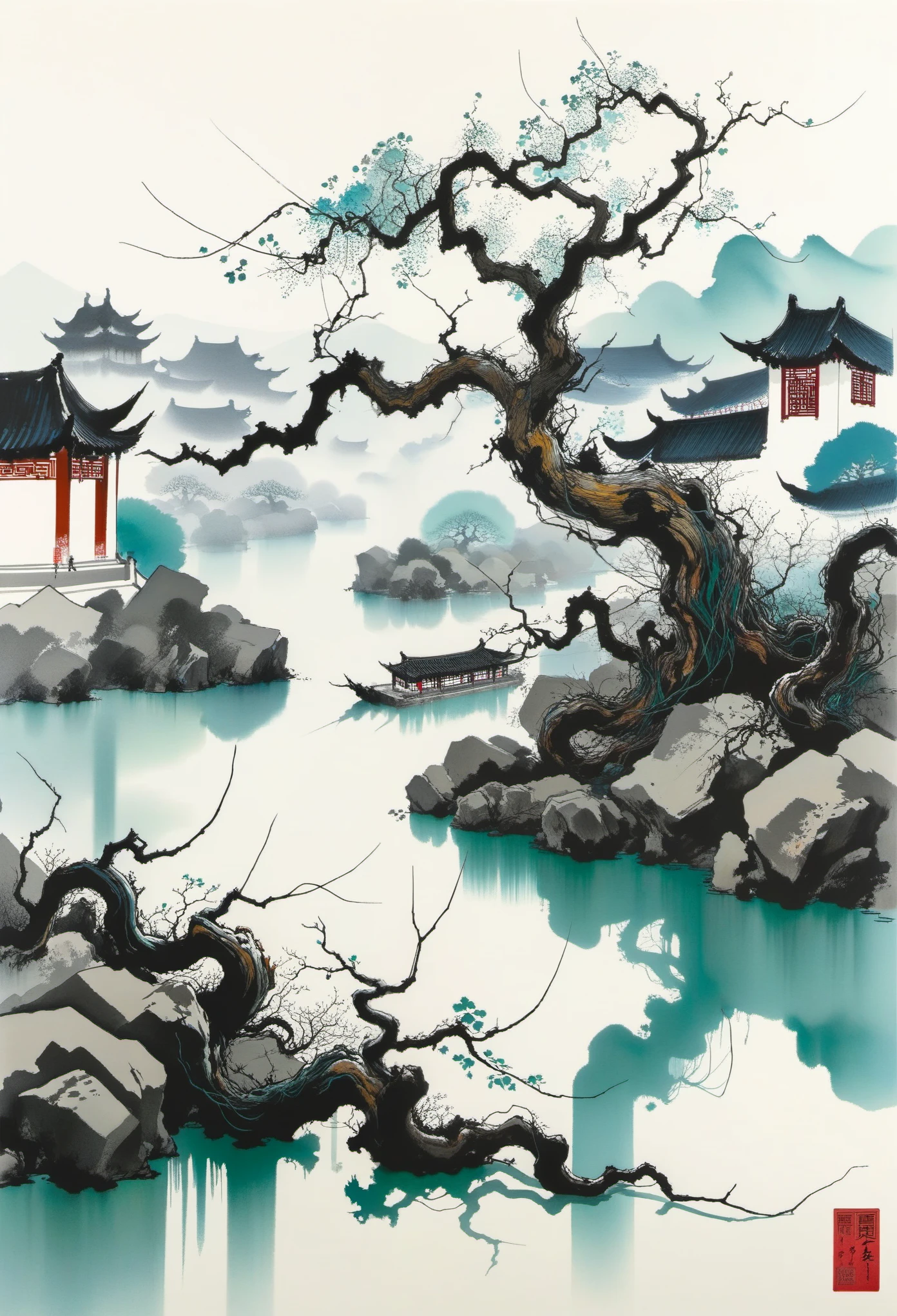 Vides muertas，Árbol viejo，Xiaoqiao，agua corriendo，Tinta abstracta geométrica，Describir el complejo arquitectónico paisajístico de Jiangnan.，El estilo de Wu Guanzhong es una expresión artística que fusiona técnicas tradicionales de tinta china con conceptos de pintura occidental.. Se caracteriza por interpretaciones modernas de temas tradicionales., Creando efectos visuales únicos a través del color y la línea..