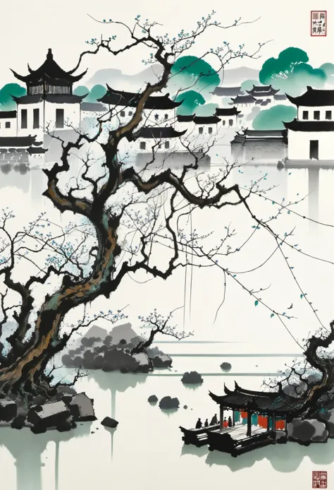 Dead vines，old tree，Xiaoqiao，running water，Geometric abstract ink，Describe the Jiangnan landscape architectural complex，Wu Guanz...