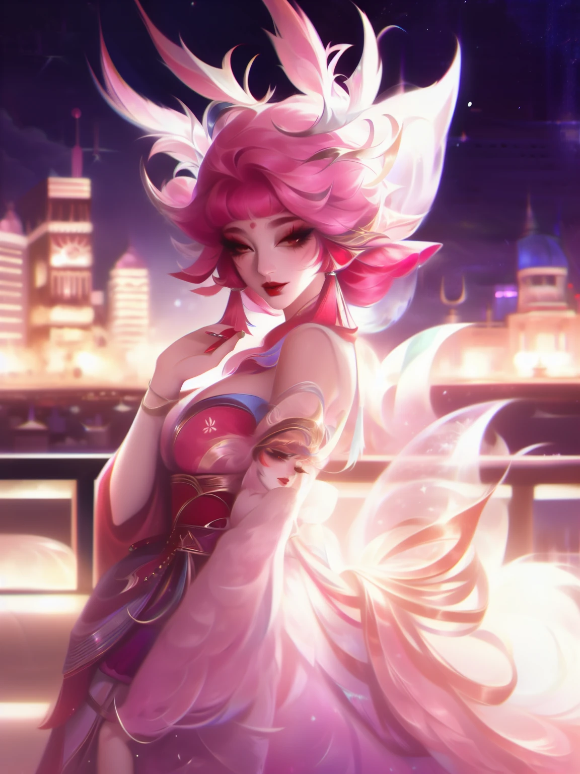 WZRYdajiJW,1girl, mature female, looking at viewer, cityscape, night, standing, dress,animal ears, hair ornament, makeup,
