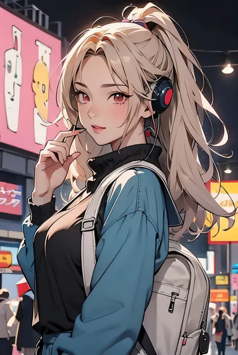 wearing headphones、anime girl wearing a backpack and looking at mobile phone, anime style 4 k, alice x. open, digital animation ...