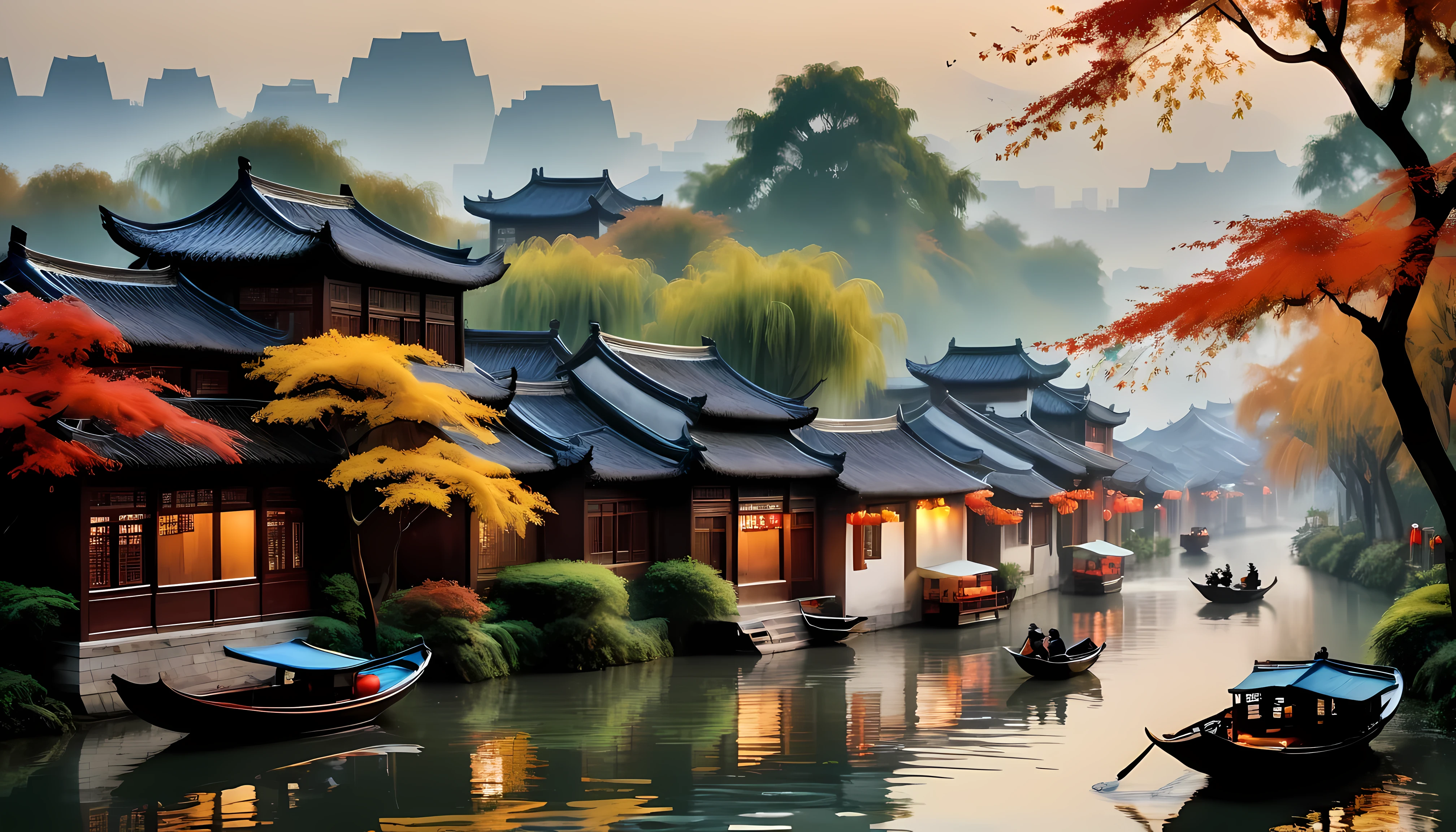 Artwork inspired by the Chinese landscape paintings of famous artist Wu Guanzhong, Capturing the autumn beauty of Jiangnan water town, Especially Wuzhen. The scene is based on traditional Huizhou architecture，Against the backdrop of tranquil water, A small boat sails quietly. Natural tones with pure focus on the environment，Capture the poetic atmosphere. Distant mountains and lush vegetation enhance the horizon, Create a picturesque scene