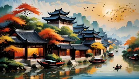 artwork inspired by the chinese landscape paintings of famous artist wu guanzhong, capturing the autumn beauty of jiangnan water...