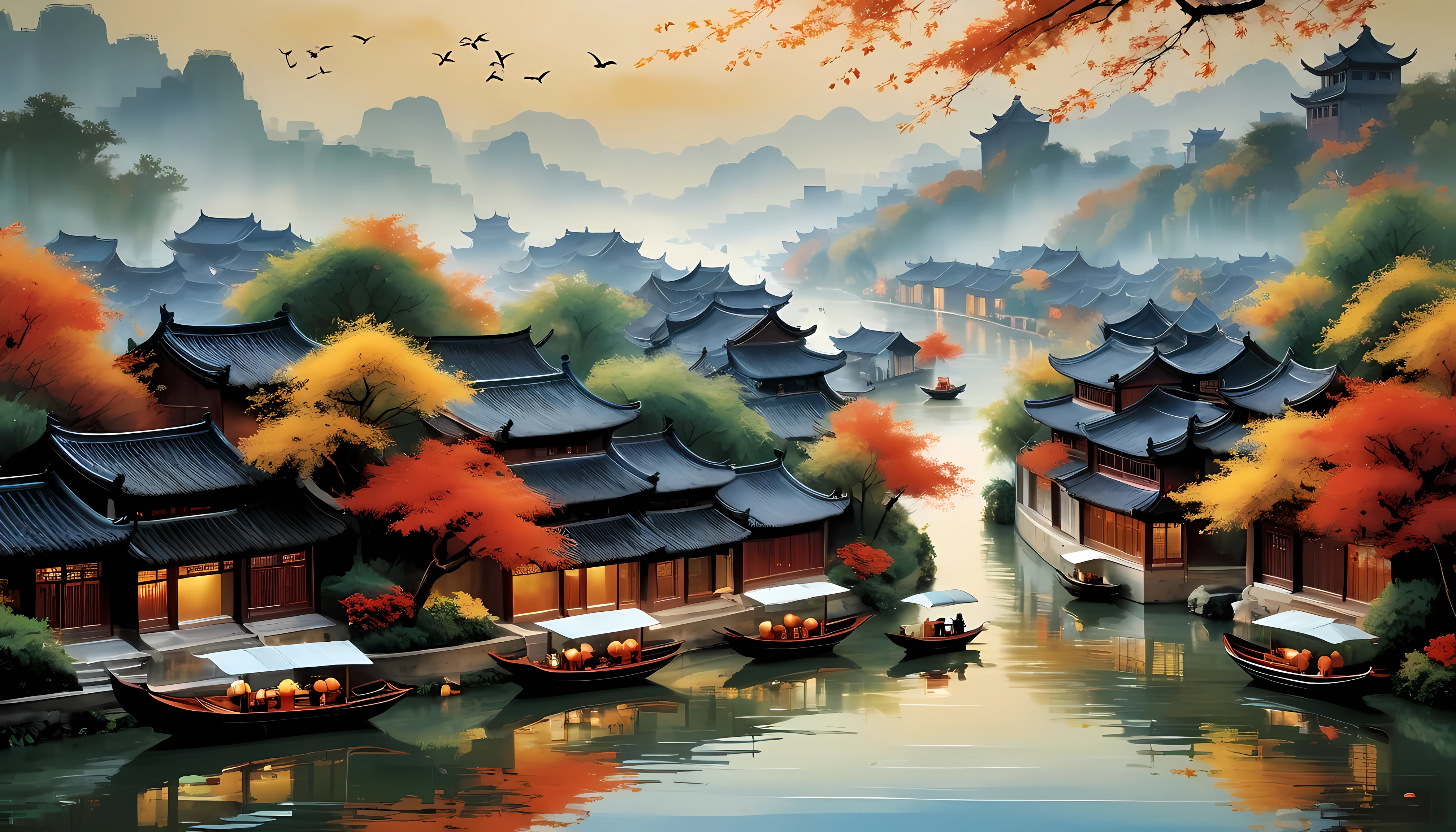 Artwork inspired by the Chinese landscape paintings of famous artist Wu Guanzhong, Capturing the autumn beauty of Jiangnan water town, Especially Wuzhen. The scene is based on traditional Huizhou architecture，Against the backdrop of tranquil water, A small boat sails quietly. Natural tones with pure focus on the environment，Capture the poetic atmosphere. Distant mountains and lush vegetation enhance the horizon, Create a picturesque scene