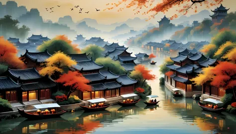 artwork inspired by the chinese landscape paintings of famous artist wu guanzhong, capturing the autumn beauty of jiangnan water...