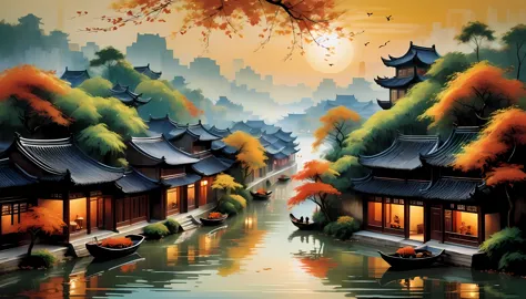 Artwork inspired by the Chinese landscape paintings of famous artist Wu Guanzhong, Capturing the autumn beauty of Jiangnan water...