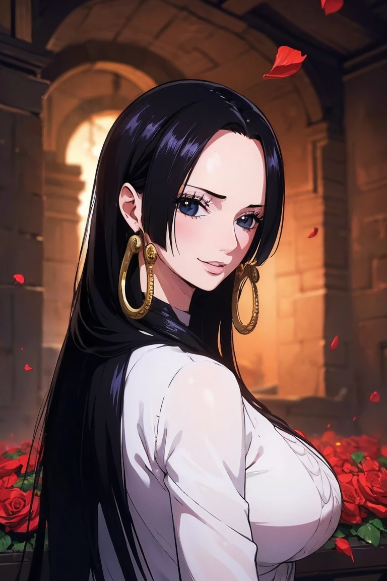 best quality, masterpiece, highly detailed,1girl,  ((rose)), (vine), cage, bandage, red rope, (detail light), falling rose petals, Boa Hancock,, (masterpiece:1.5), Detailed Photo, Smiling,(8K, Photorealistic, Best Quality: 1.4), (1girl), Beautiful Face, (anime realistic Face), (Black Hair, long Hair: 1.3), Beautiful Hairstyle, Realistic eyes, beautiful detail eyes, (realistic skin), beautiful skin, (sweater), absurd, attractive, ultra high resolution, ultra realistic, high definition, golden ratio, backwards, looking back
