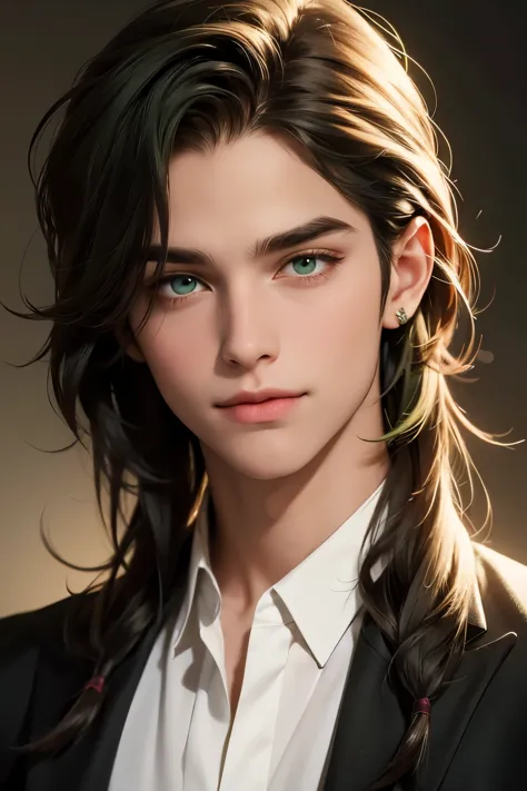 boy with medium long margenta hair, green eyes, detailed and happy face, best quality work, 16k