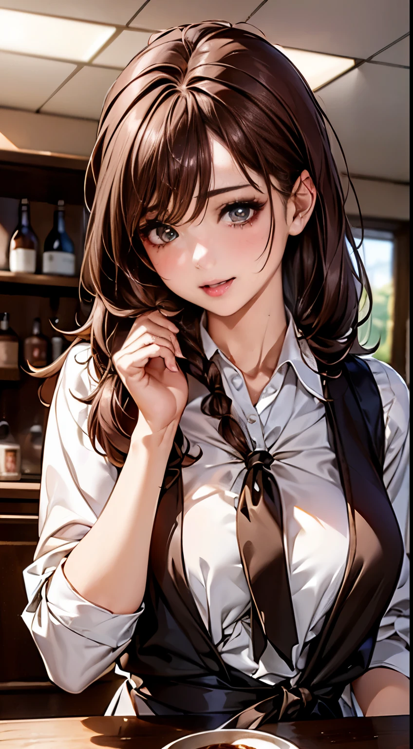 masterpiece,highest quality,Stylish western style cafe,female cafe clerk,(cafe clerkの制服:1.3,fine clothes),(carry a coffee pot),laughter,Bright atmosphere in the store, highest quality、8Kのmasterpiece、超A high resolution、(Photoreal:1.3)、RAW photo、(1 female), ((brown hair, casually tied hair:1.6)), glowing skin, cafe clerk, stylish, cute apron、((Ultra realistic details))、portrait、global illumination、octane rendering、In 8K、super sharp、very intricate details、realistic light、Trends in CG society、beautiful eyes、shining eyes、towards the camera