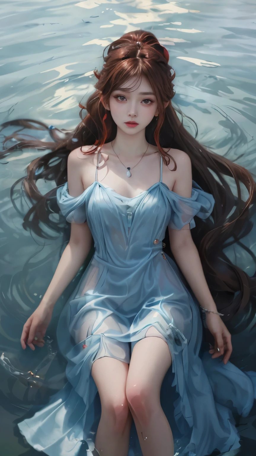 （Modify hair only、Face）Lie flat on the water，pearl necklace，Light blue transparent dress，Reddish-brown hair，curls，ponytail，Nice bun，Perfect hairstyle，red headdress，red eyes，red eye，red pupils，Delicate and detailed eyes，sparkling eyes，huge 