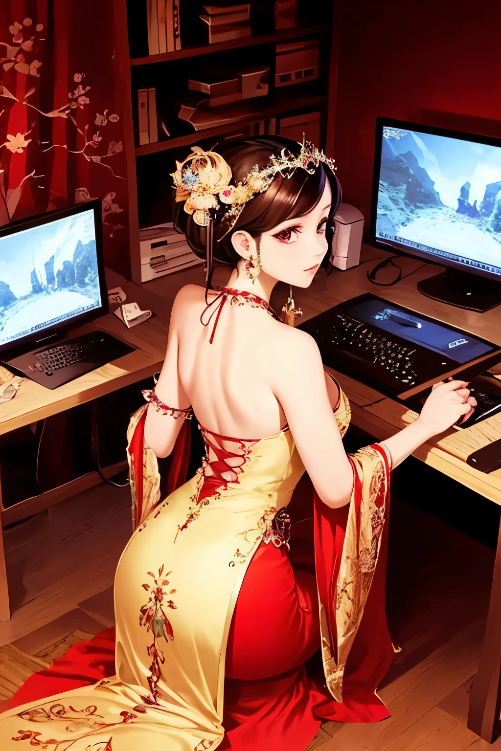 (Masterpiece)), ((best quality)), (ultra-detailed), 1 girl, absorbed in playing games, turns her chair from behind revealing a captivating backview, Large display screen adorned with radiant red and gold pixels reflects her engrossed expression, delicate fingers dexterously navigate the computer keyboard with precision, regal elegance encircles her in a red and gold dress, a gleaming crown placed delicately atop her head, (5K), (stunning), (((enchanting visuals))), superb quality, detailed facial features, vibrant colors, full HD, enchanting, (visually attractive), (gorgeously rendered), brilliant graphic design.