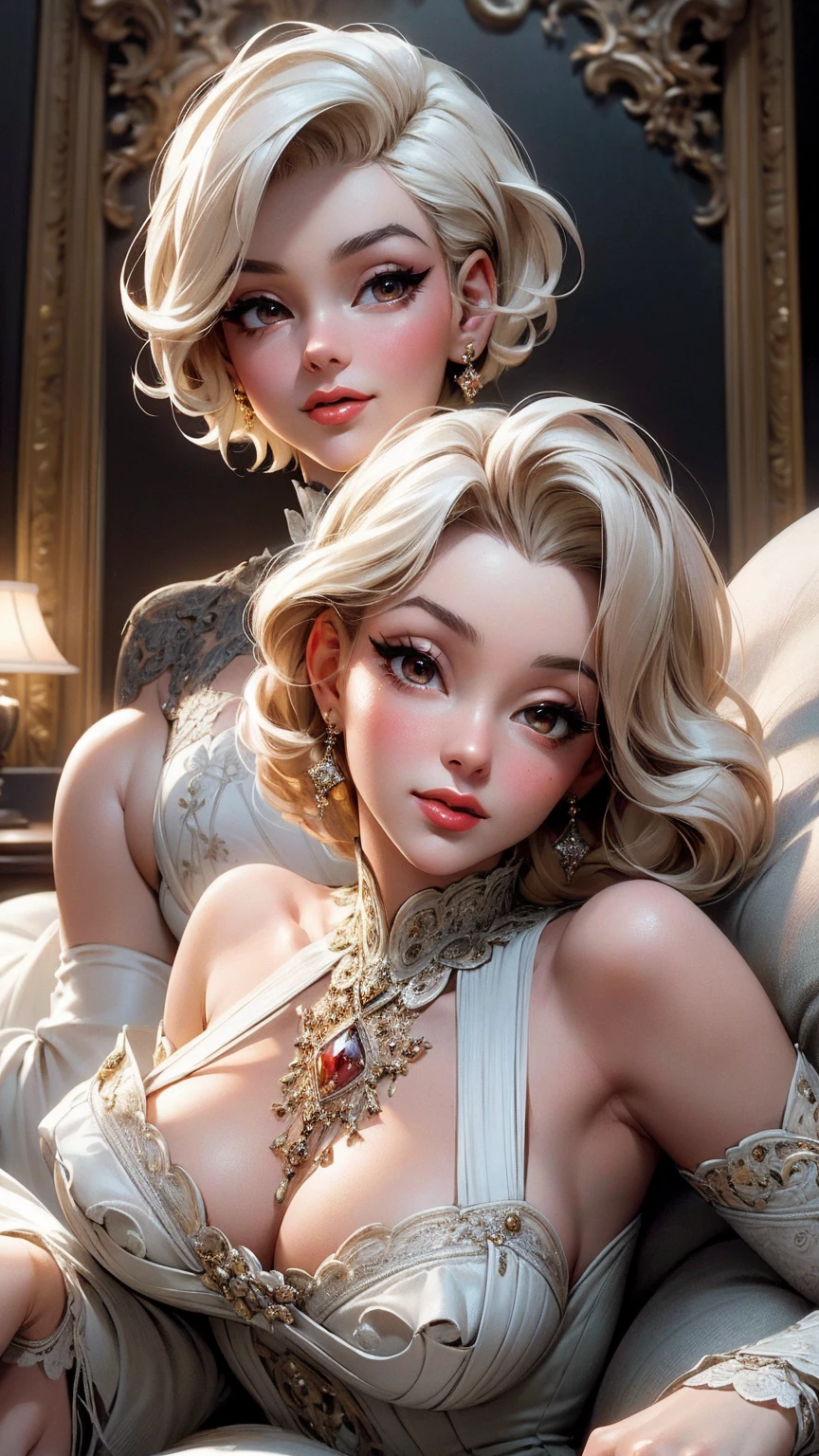 (Masterpiece - Ultra-Detailed, High Resolution) Prepare to be enchanted by a true masterpiece that combines ultra-detailed art with high-resolution rendering. This work shows a mesmerizing woman, with short short, light blonde hair, 1950s style, Marilyn Monroe (1.3) and captivating brown eyes (1.2),(brown eyes) New York illustration style, wearing red lipstick, emanating an aura of elegance and mystery. Wearing victorian classic 1950s clothing. sexy. Intricate details and realistic textures invite you to explore every aspect of this enchanting composition. Transparent white dress. Walking, writing, lying down, standing, on your back, dynamic poses. Get ready to dive into a world where beauty and craftsmanship merge perfectly. Upper body