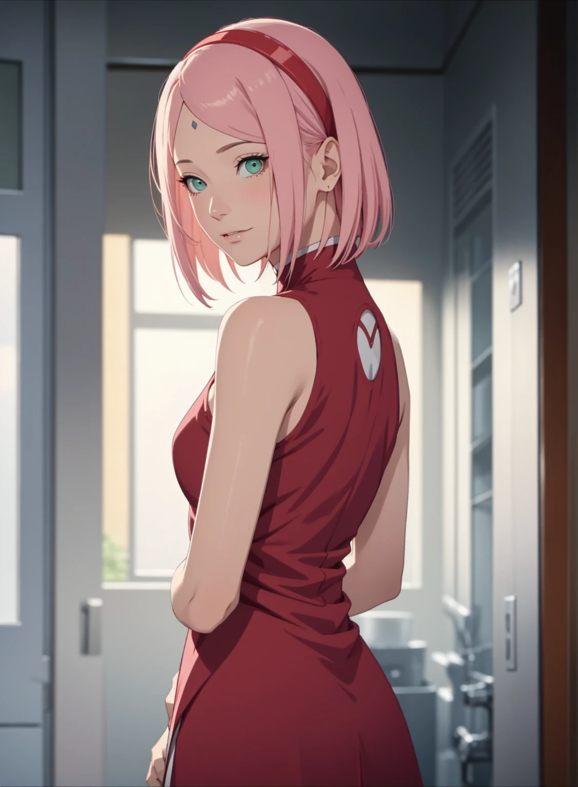 film movie still、1girl in、It's standing、24 years、pale-skinned、innocent smiles、white stockings、((A detailed face))、(Detailed skin)、Moist with intricate details、Shallow depth of field、[volume fog、shot at 8k resolution、Sakura Haruno, A pink-haired,short detailed hair, Red headband, red dress, Green eyes，Close-up, upper body, backwards, looking back