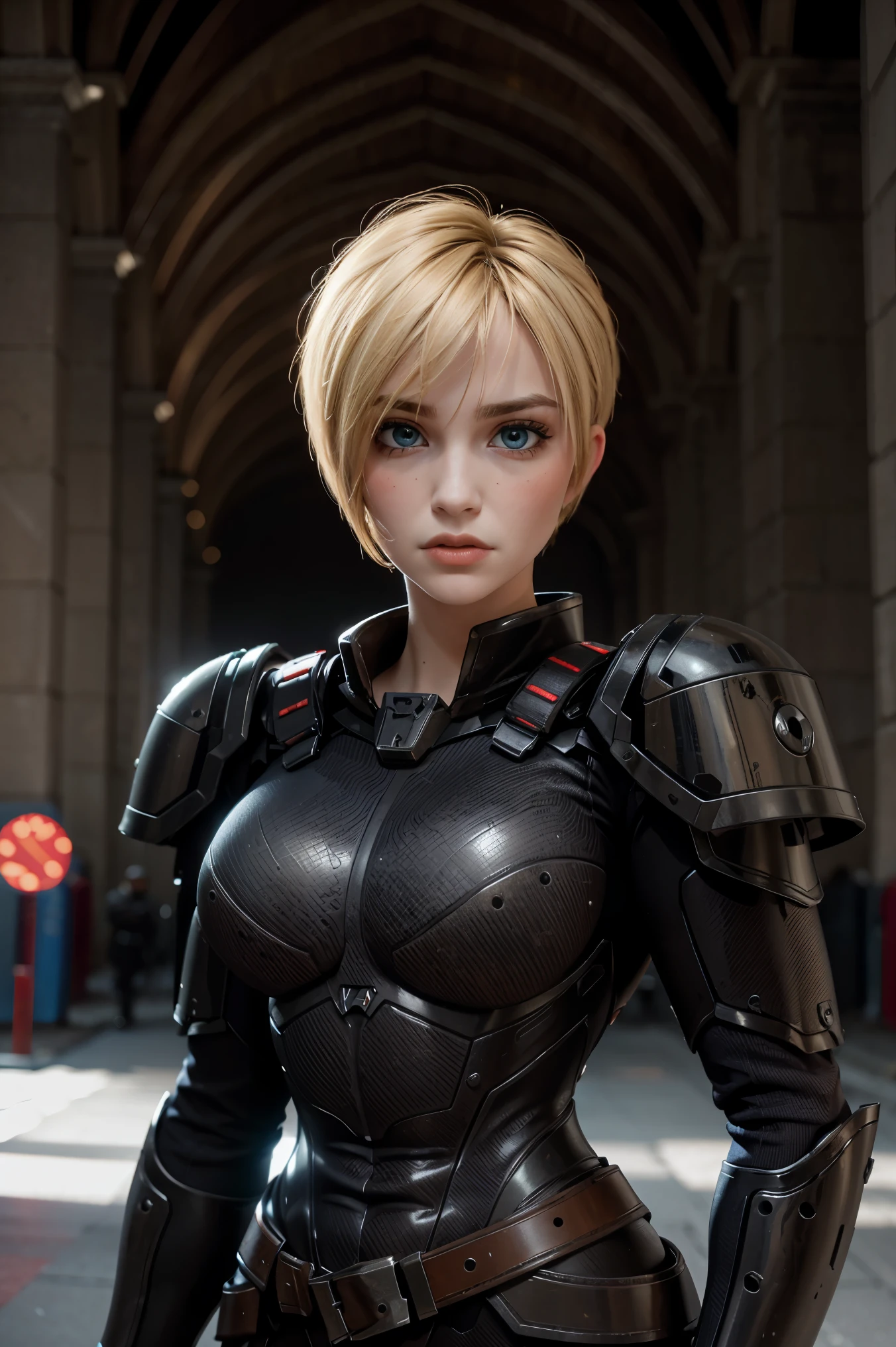 A stunning and intricate full color Ultra-HD portrait, girl, short golden blonde hair left bang, blue eyes, detailed face, wearing heavy tight fitting black and red armor, epic character composition, alessio albi, nina masic, sharp focus , natural lighting. , subsurface dispersion, f2, 35mm,

