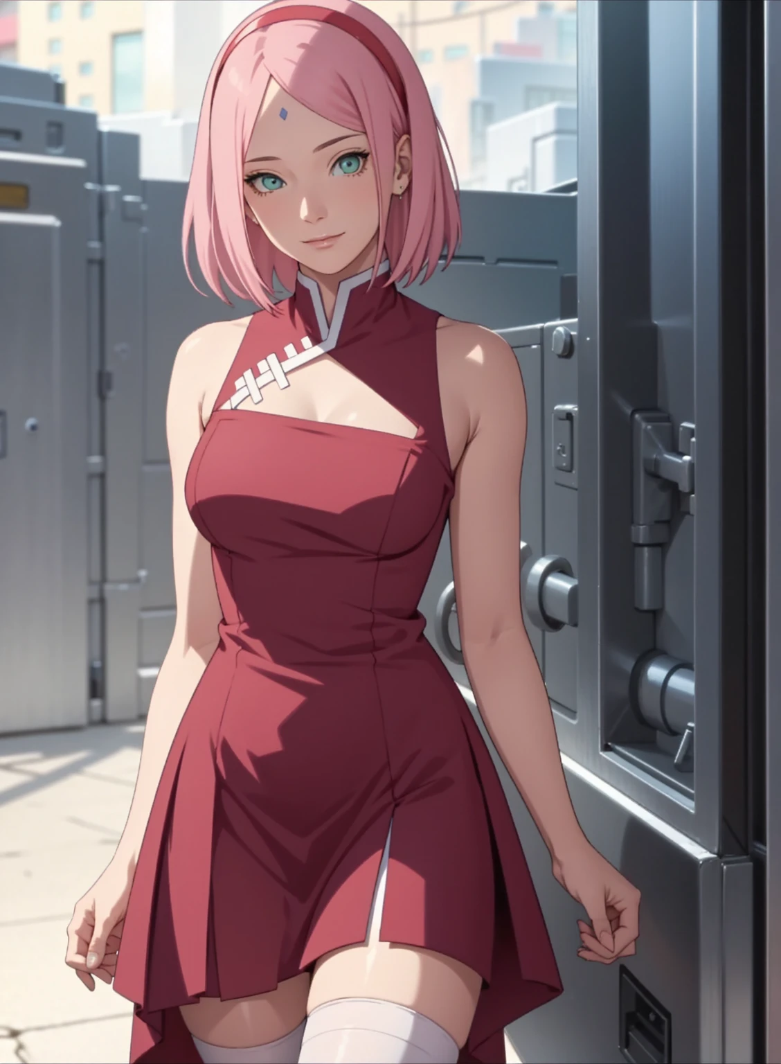 film movie still、1girl in、It's standing、24 years、pale-skinned、innocent smiles、white stockings、((A detailed face))、(Detailed skin)、Moist with intricate details、Shallow depth of field、[volume fog、shot at 8k resolution、Sakura Haruno, A pink-haired,short detailed hair, Red headband, red dress, Green eyes，Close-up, upper body, backwards, looking back