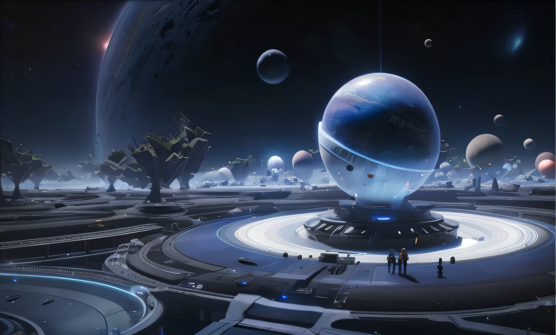 A group of people standing around a large sphere in space, destiny concept art, megastructure in the background, Dyson Sphere, photo of a Dyson Sphere, future spaceport, Dyson Sphere in space, Dyson Sphere program, futuristic setting, Dyson Sphere program pink planet, destiny art, planetary city, futuristic base, destiny 2, destiny, Huge future temple city