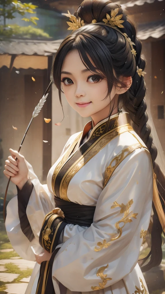 Ancient，Daughter，Ink Fairy，Beautifully，Light brown eyes，long black hair，high ponytail，braid，wing，极端的Light与影，Hanfu，palace，Light，8k wallpaper，Chess Saint，petal，lake，bow and arrow，grinning，black eyes