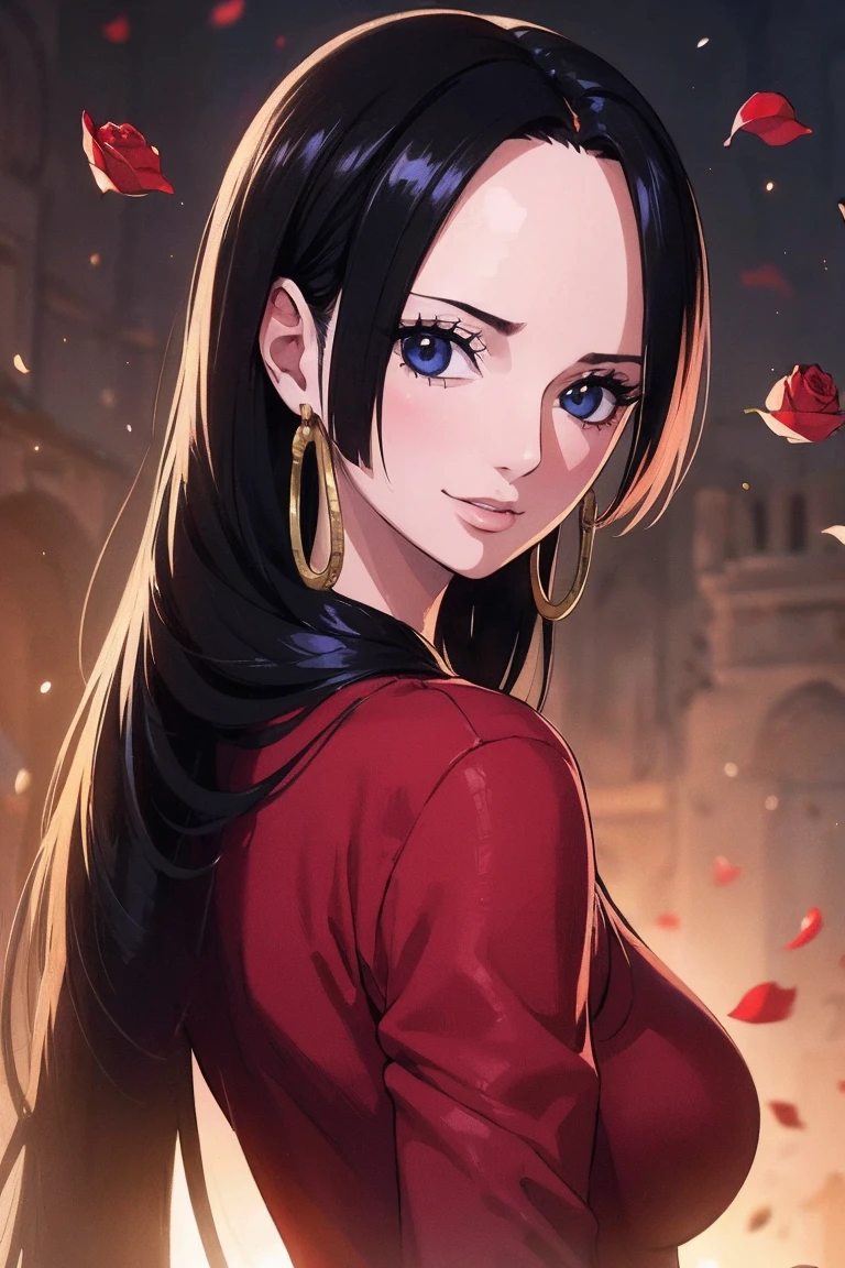 best quality, masterpiece, highly detailed,1girl,  ((rose)), (vine), cage, bandage, red rope, (detail light), falling rose petals, Boa Hancock,, (masterpiece:1.5), Detailed Photo, Smiling,(8K, Photorealistic, Best Quality: 1.4), (1girl), Beautiful Face, (anime realistic Face), (Black Hair, long Hair: 1.3), Beautiful Hairstyle, Realistic eyes, beautiful detail eyes, (realistic skin), beautiful skin, (sweater), absurd, attractive, ultra high resolution, ultra realistic, high definition, golden ratio, backwards, looking back