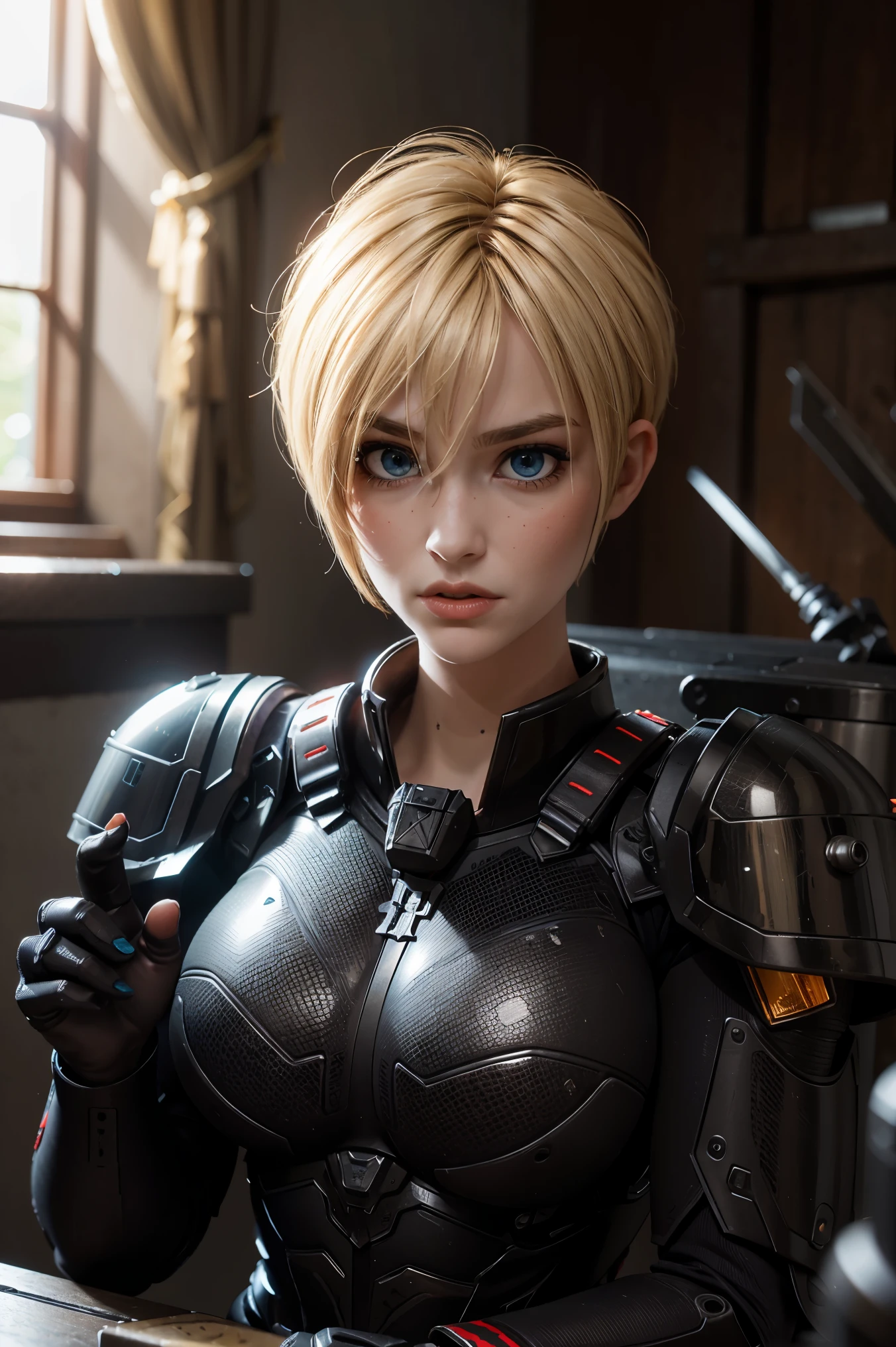 A stunning and intricate full color Ultra-HD portrait, girl, short golden blonde hair left bang, blue eyes, detailed face, wearing heavy tight fitting black and red armor, epic character composition, alessio albi, nina masic, sharp focus , natural lighting. , subsurface dispersion, f2, 35mm