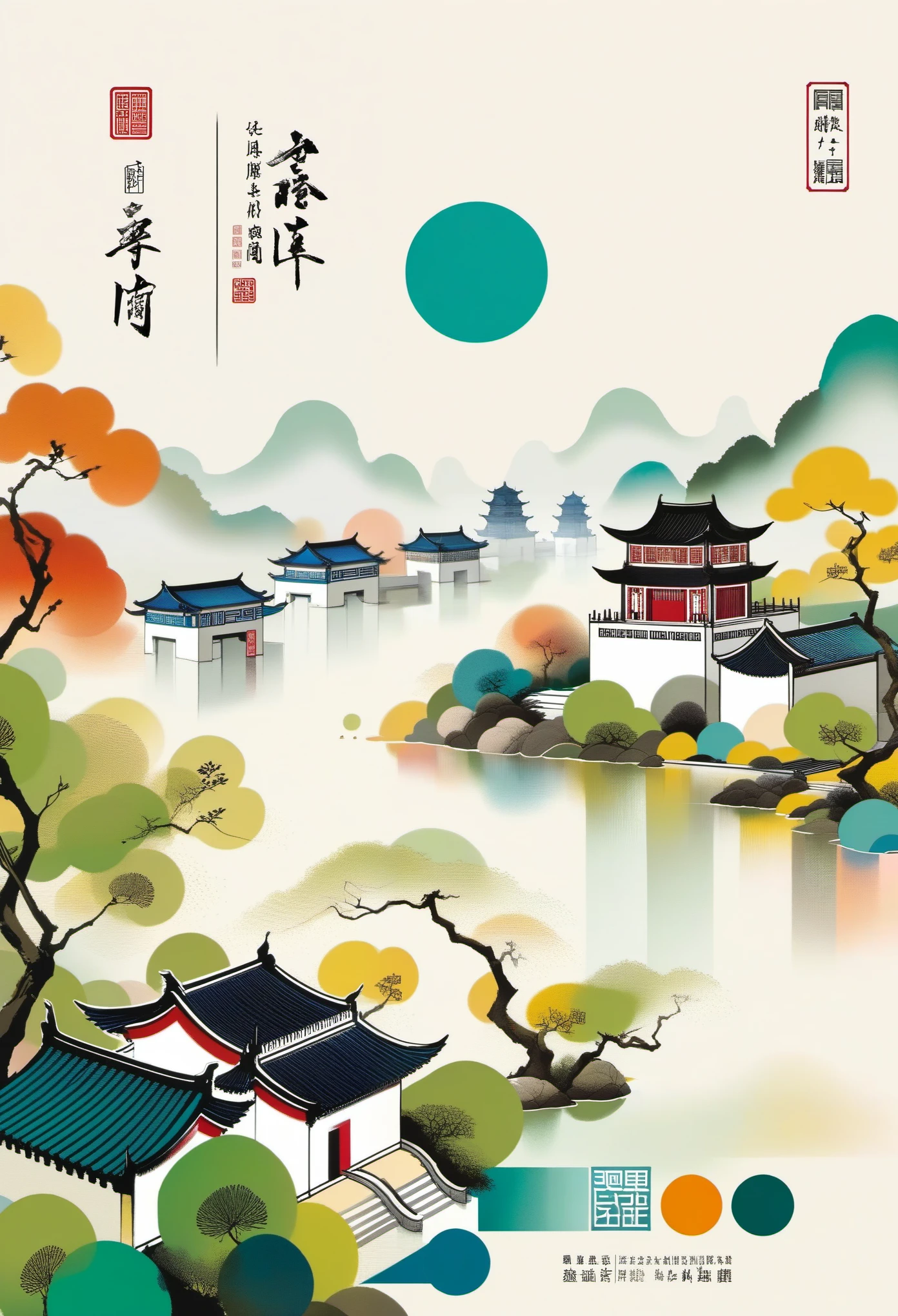 magazine cover，printing：Geometric abstract ink，Describe the Jiangnan landscape architectural complex，Wu Guanzhong's style is an artistic expression that merges traditional Chinese ink techniques with Western painting concepts. It is characterized by modern interpretations of traditional themes, creating unique visual effects through color and line.