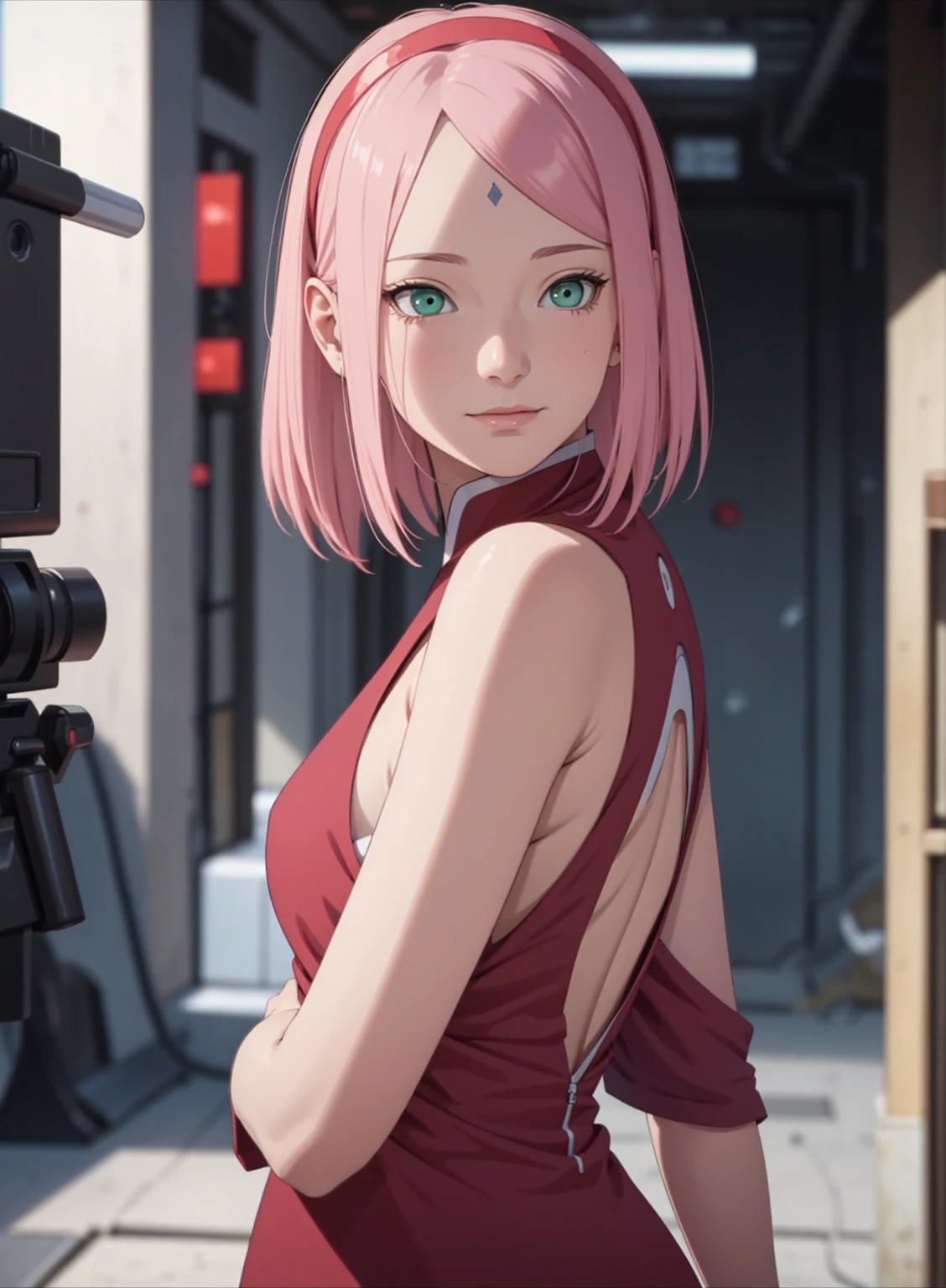 film movie still、1girl in、It's standing、24 years、pale-skinned、innocent smiles、white stockings、((A detailed face))、(Detailed skin)、Moist with intricate details、Shallow depth of field、[volume fog、shot at 8k resolution、Sakura Haruno, A pink-haired,short detailed hair, Red headband, red dress, Green eyes，Close-up, upper body, backwards, looking back