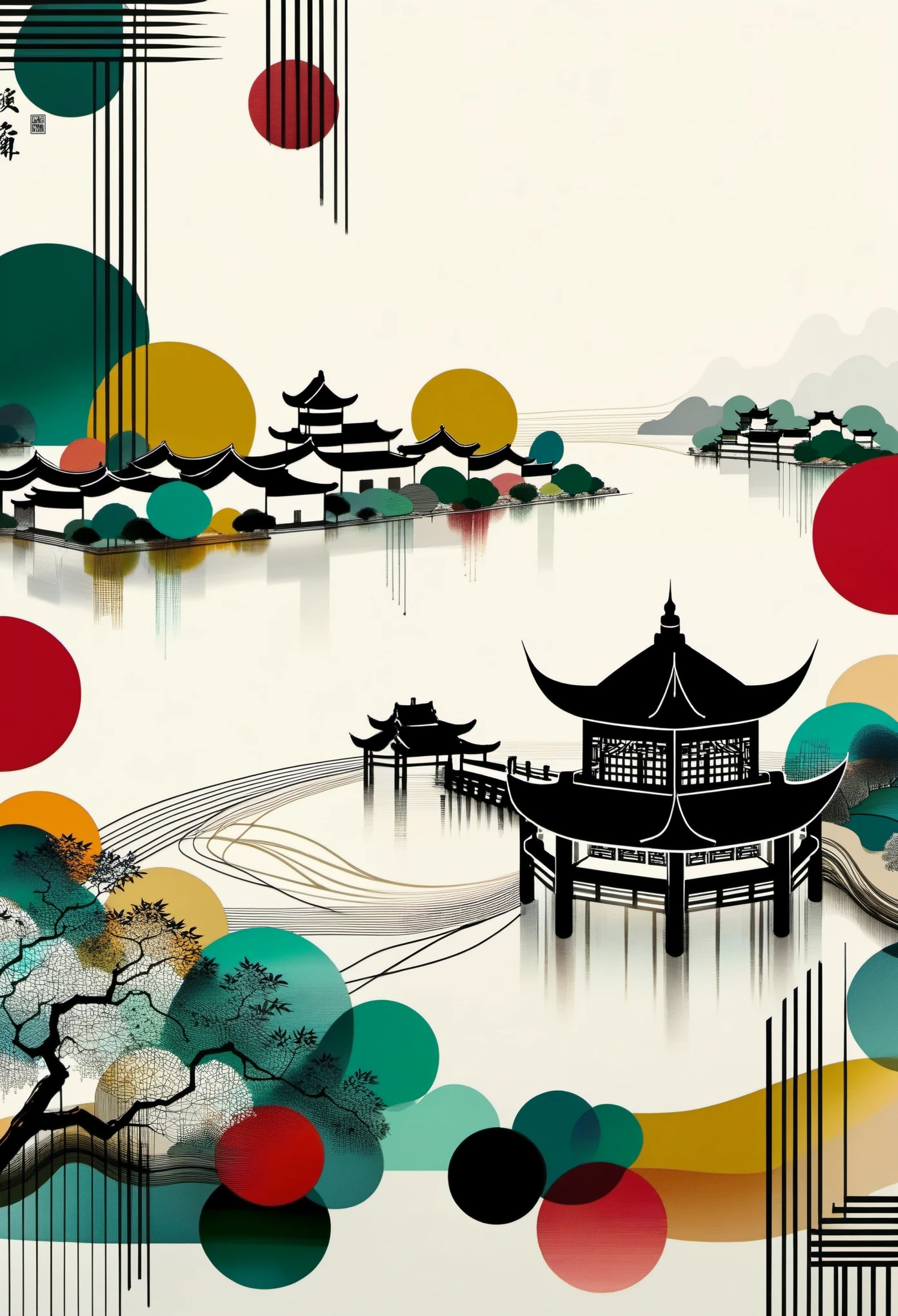 magazine cover，printing：Geometric abstract ink，Describe the Jiangnan landscape architectural complex，Wu Guanzhong's style is an artistic expression that merges traditional Chinese ink techniques with Western painting concepts. It is characterized by modern interpretations of traditional themes, creating unique visual effects through color and line.