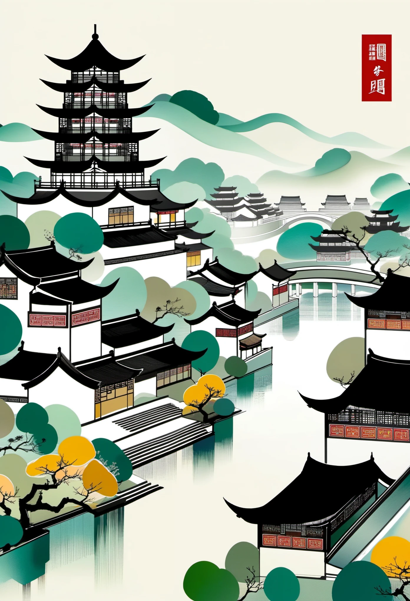 magazine cover，printing：Geometric abstract ink，Describe the Jiangnan landscape architectural complex，Wu Guanzhong's style is an artistic expression that merges traditional Chinese ink techniques with Western painting concepts. It is characterized by modern interpretations of traditional themes, creating unique visual effects through color and line.